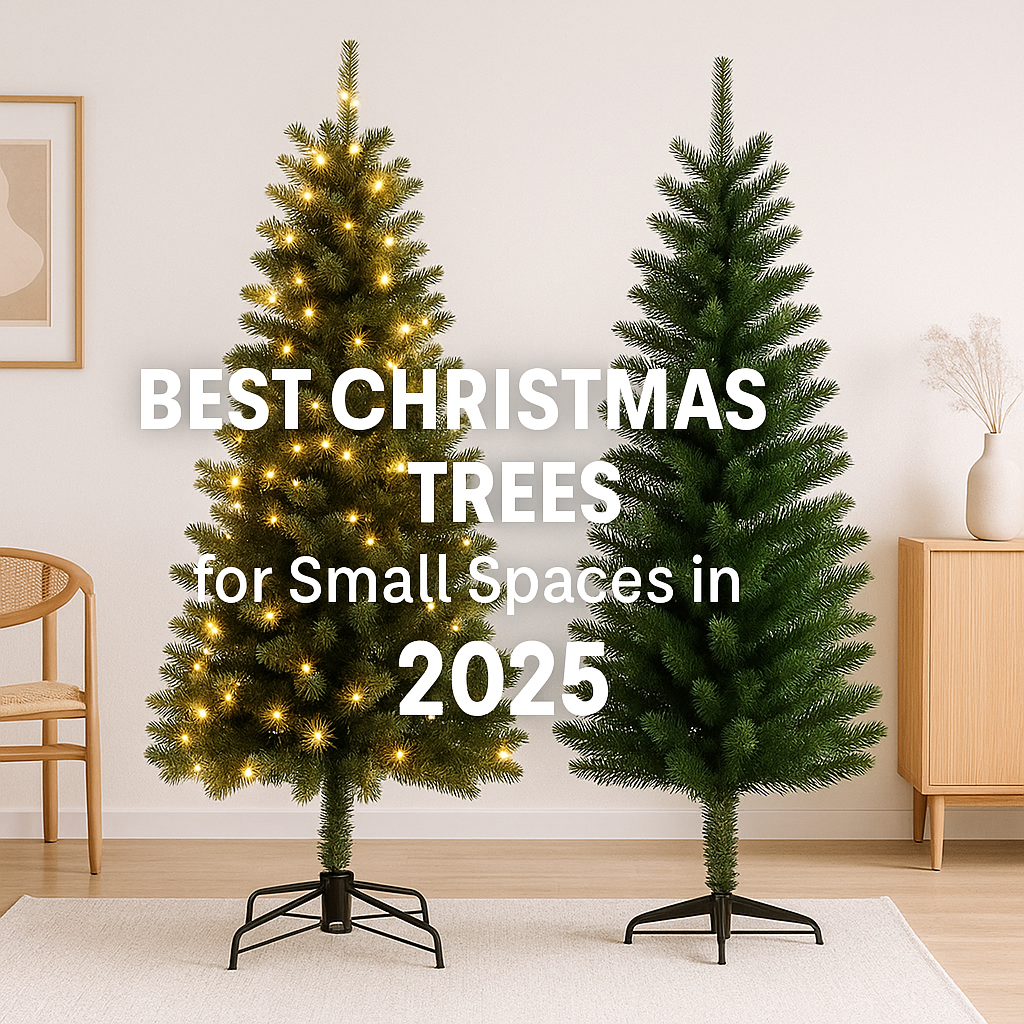 Two slim Christmas trees—one pre-lit and one unlit—standing side by side in a Nordic minimalist room with soft natural lighting and centered text overlay reading "Best Christmas Trees for Small Spaces in 2025