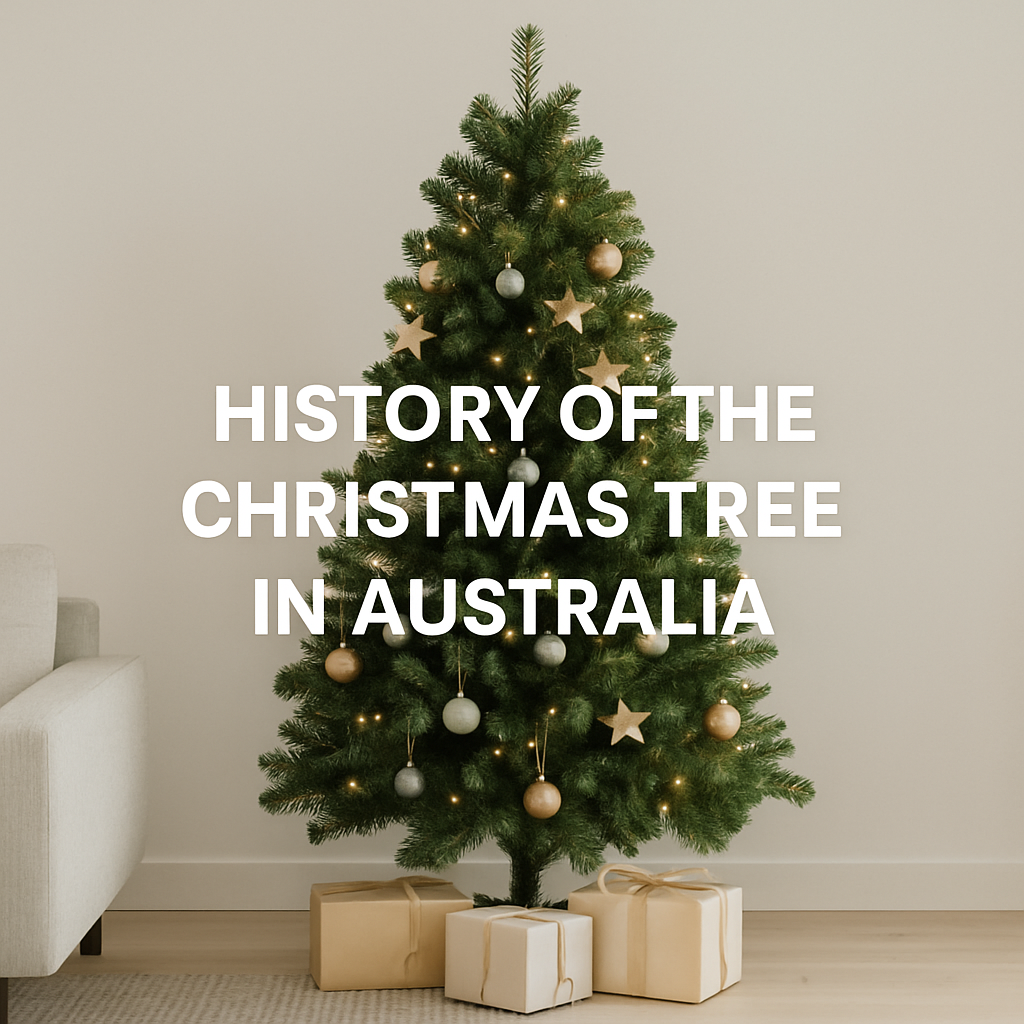 A minimalistic square photo of a decorated Christmas tree in a modern Australian living room with centered text overlay reading 'History of the Christmas Tree in Australia'