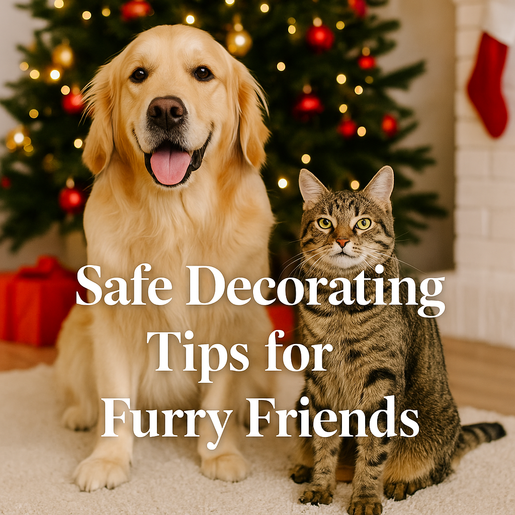 A golden retriever and a tabby cat sitting together in front of a decorated Christmas tree with presents, featuring a centered text overlay that reads “Safe Decorating Tips for Furry Friends.