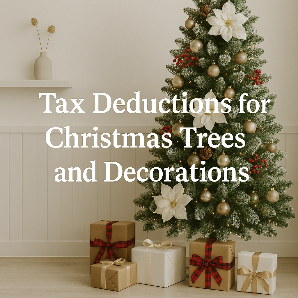 A beautifully decorated Christmas tree with wrapped presents underneath, set in a minimalist Nordic-style room with centered text overlay reading "Tax Deductions for Christmas Trees and Decorations
