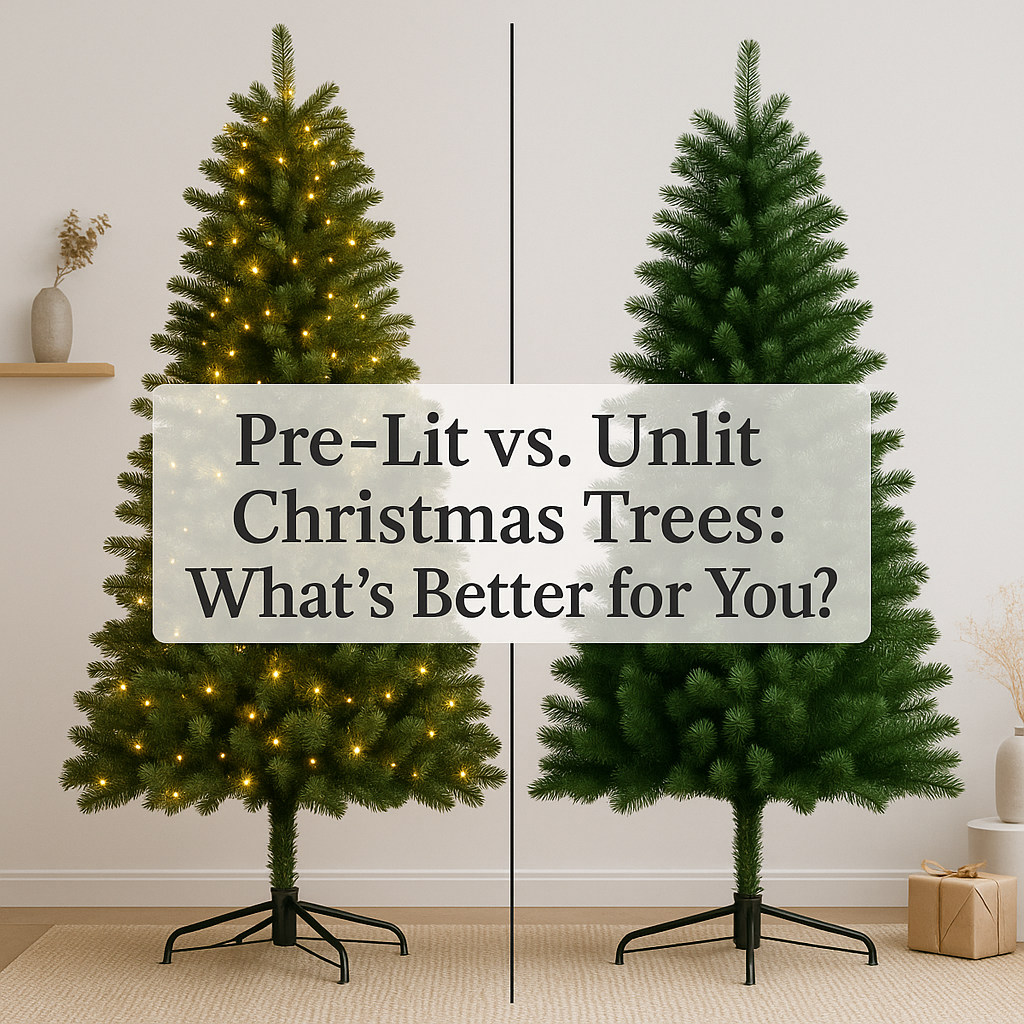 Side-by-side comparison of a pre-lit and unlit Christmas tree in a Nordic-style room with minimalist holiday décor and centered title text reading 'Pre-Lit vs. Unlit Christmas Trees: What’s Better for You?