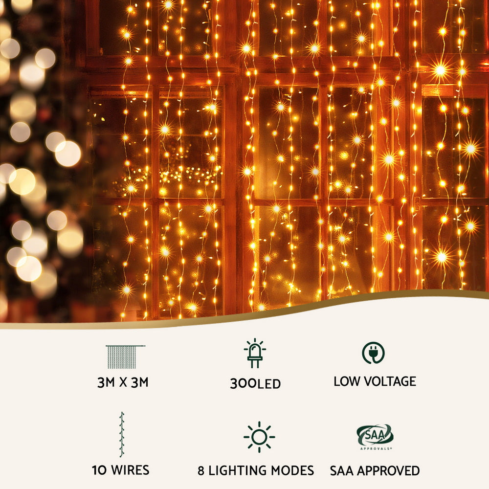 3M (9.8FT) Warm White LED Curtain Lights – 300 LEDs