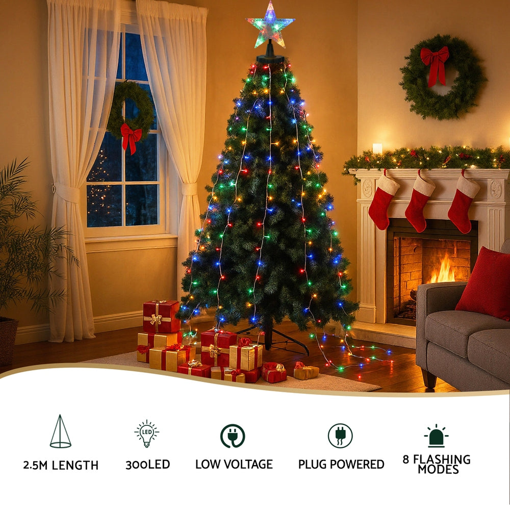 2.5M Waterfall Christmas Lights with Star Topper – 300 LED