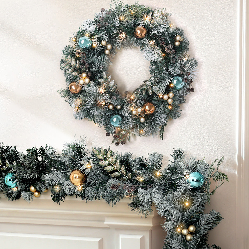 Translation missing: en.Frosted Christmas wreath and matching garland with warm white LED lights and gold and teal baubles displayed on a mantelpiece: Christmas Bundles