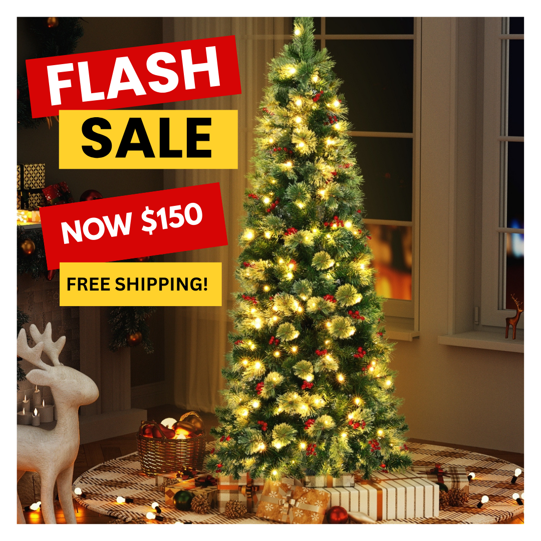 6FT Slim Pre-Lit Christmas Tree with Red Berries