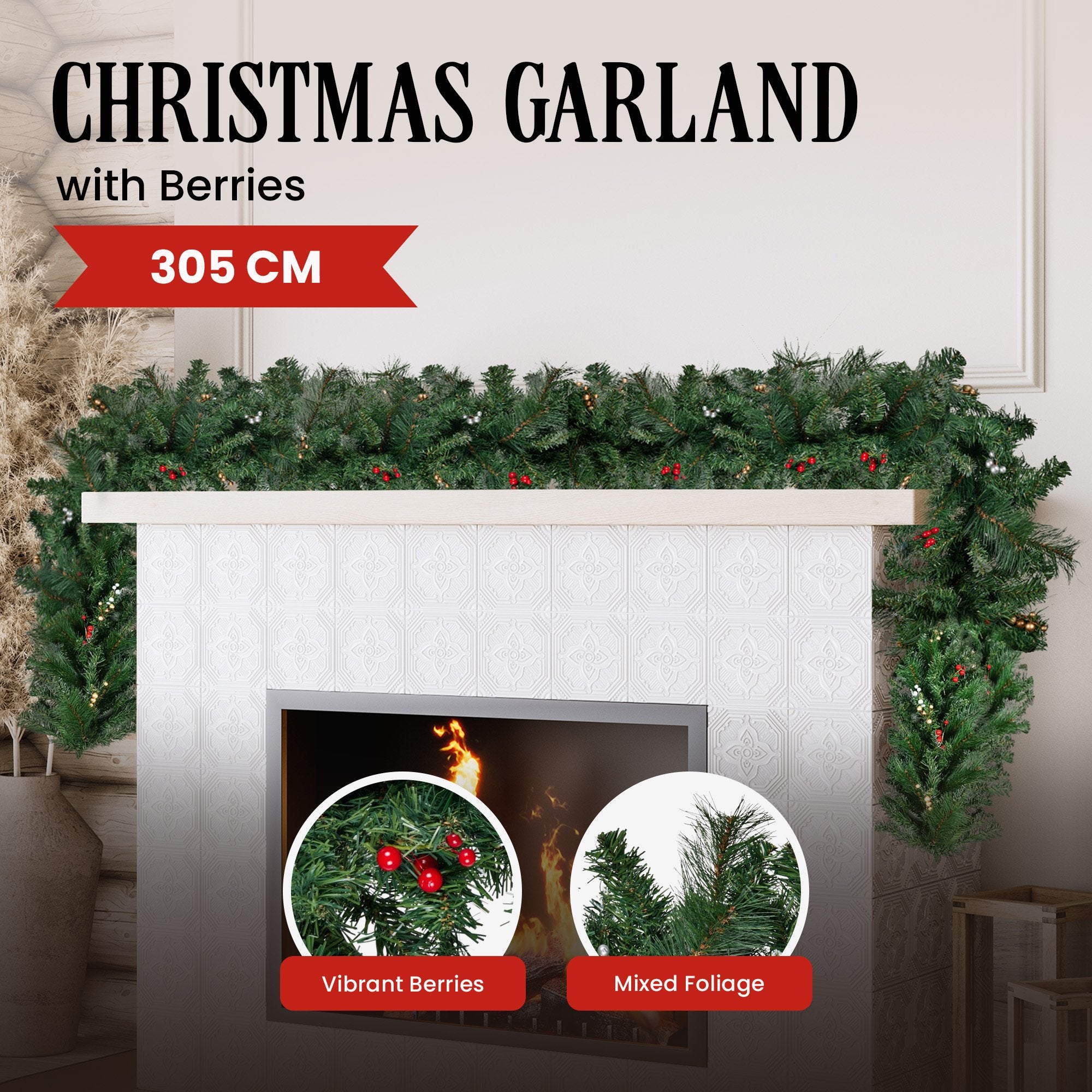 3M Extra Long Pre-Decorated Christmas Garland with Berries