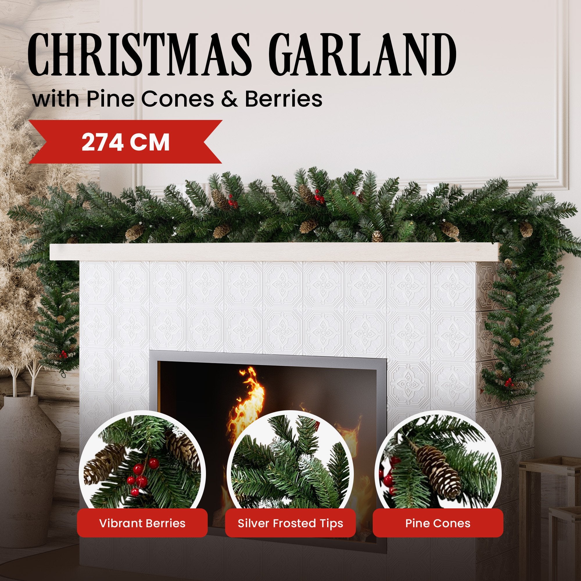 2.7M Christmas Garland with Pine Cones & Berries