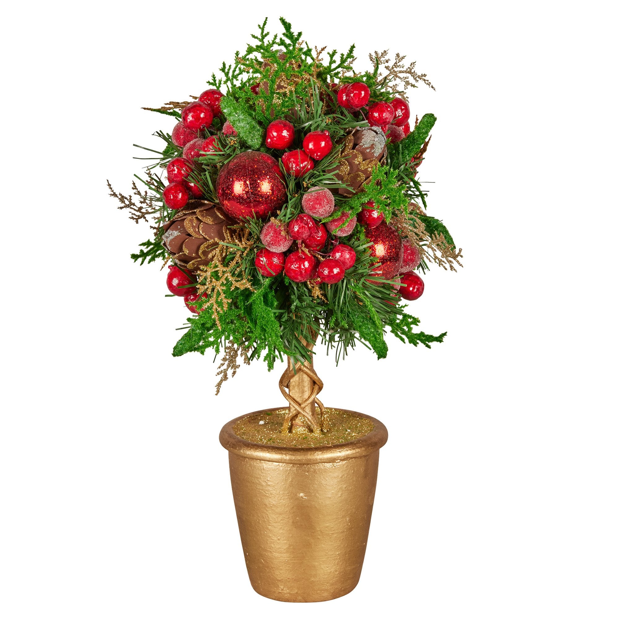 36cm Pre-Decorated Christmas Topiary Tree with Baubles, Berries & Pine Cones