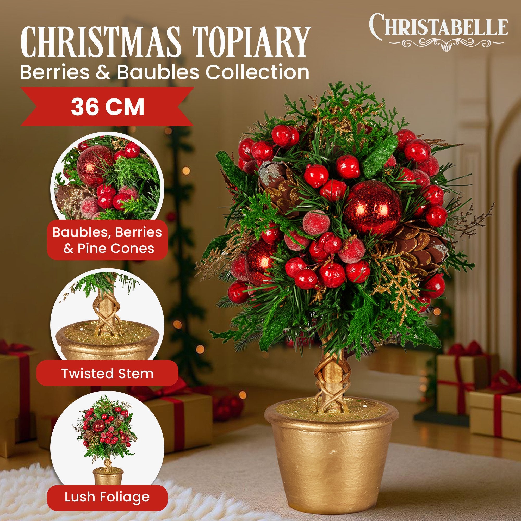 36cm Pre-Decorated Christmas Topiary Tree with Baubles, Berries & Pine Cones