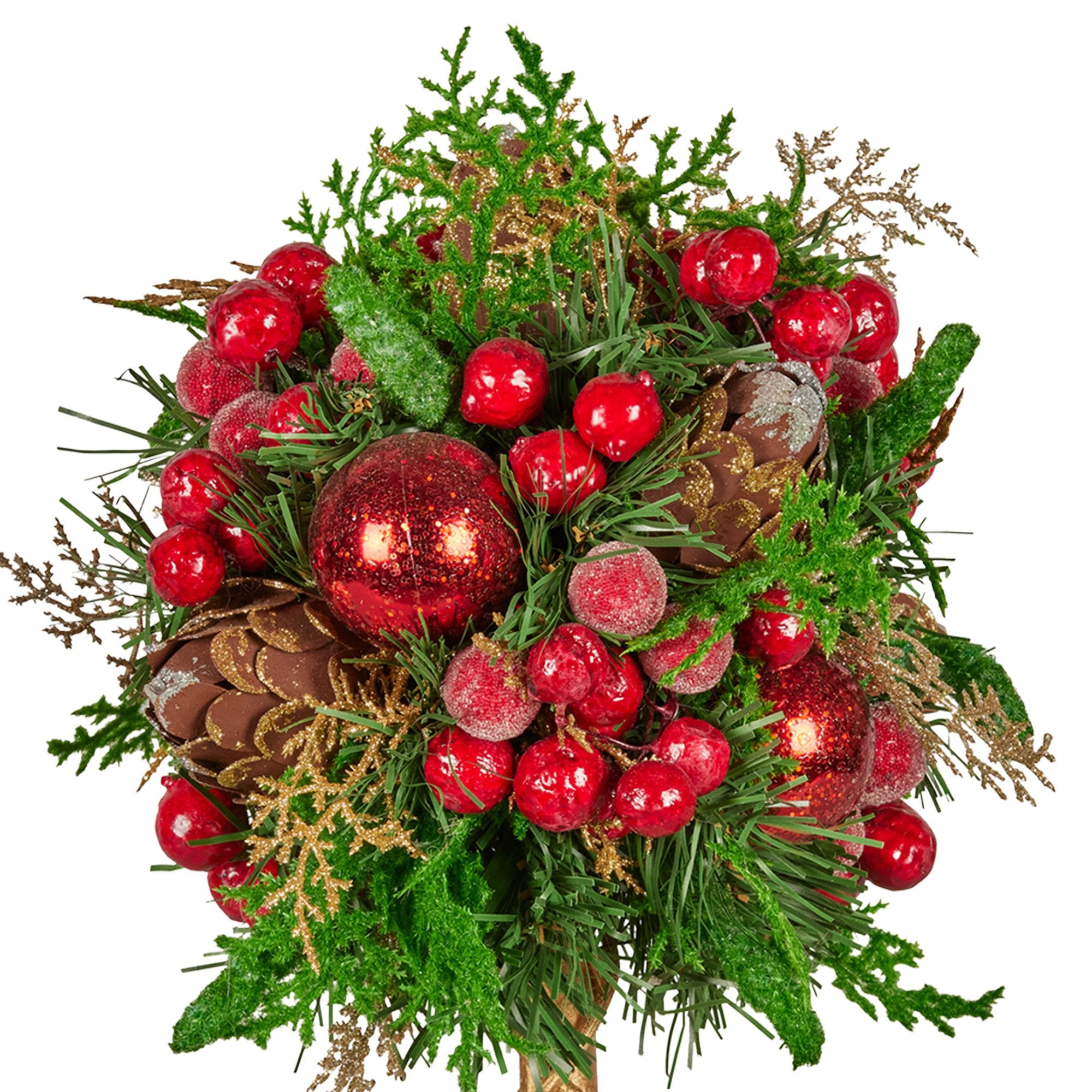 36cm Pre-Decorated Christmas Topiary Tree with Baubles, Berries & Pine Cones