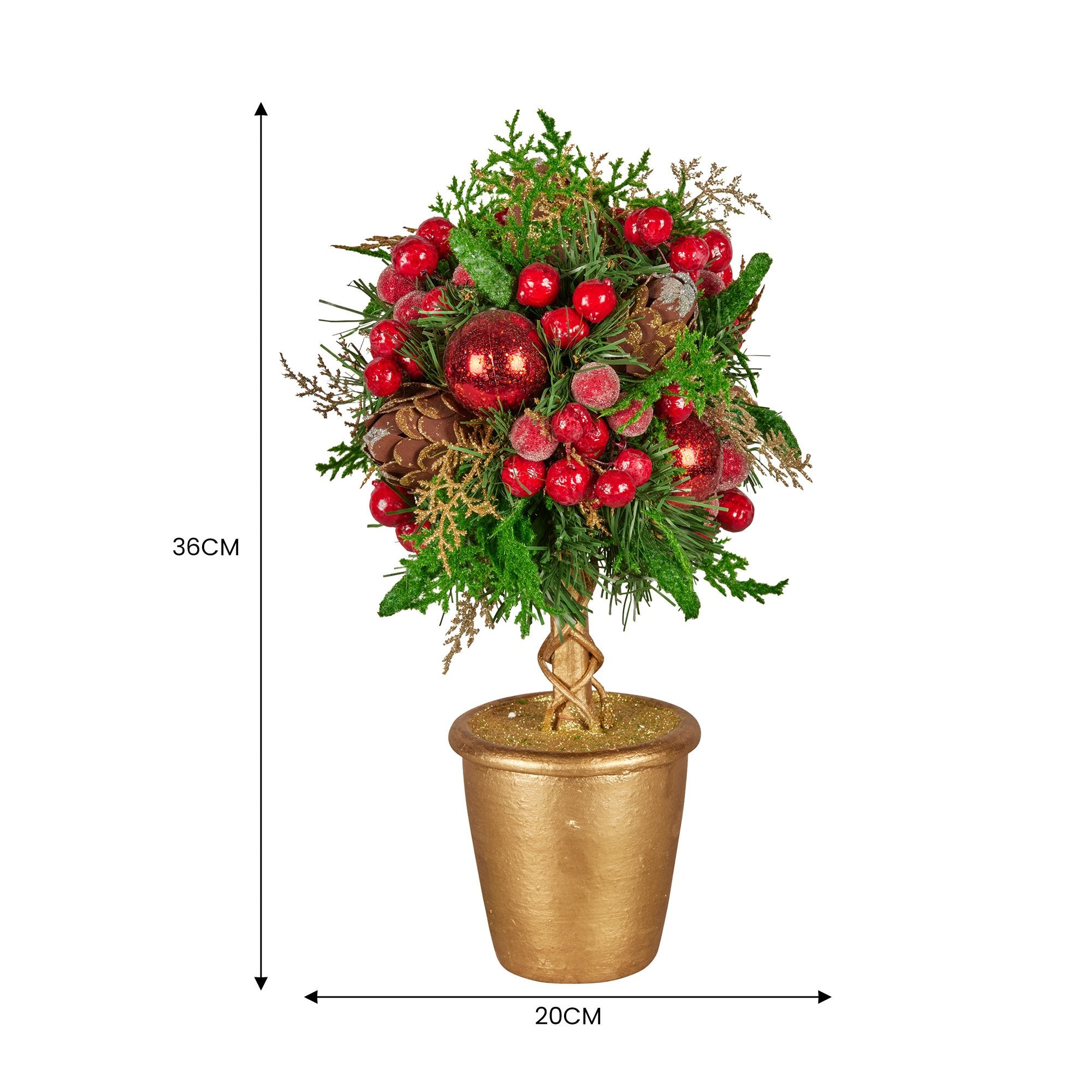 36cm Pre-Decorated Christmas Topiary Tree with Baubles, Berries & Pine Cones