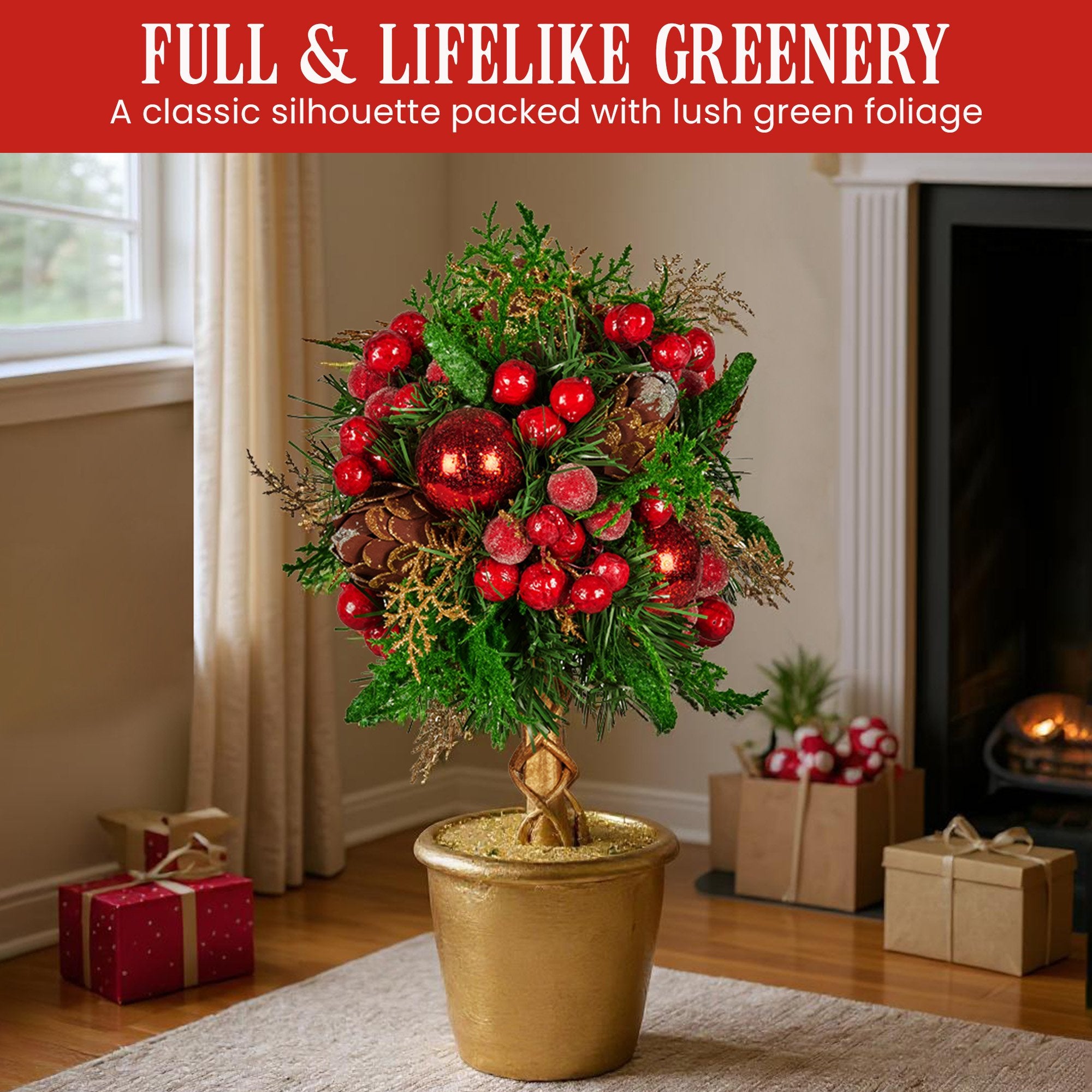 36cm Pre-Decorated Christmas Topiary Tree with Baubles, Berries & Pine Cones