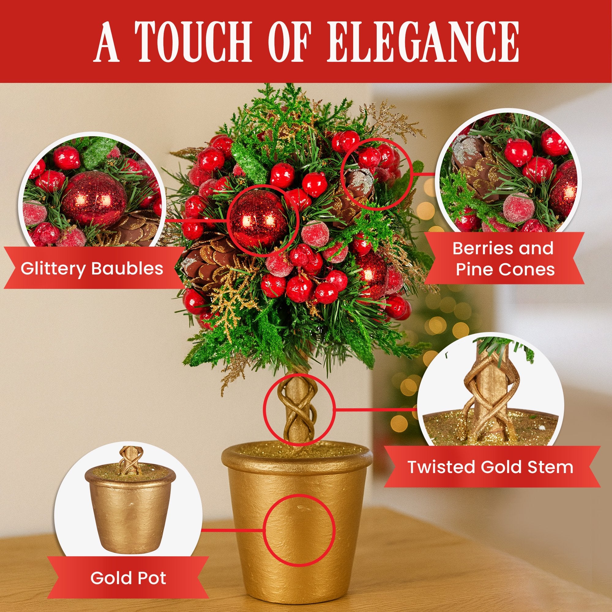 36cm Pre-Decorated Christmas Topiary Tree with Baubles, Berries & Pine Cones