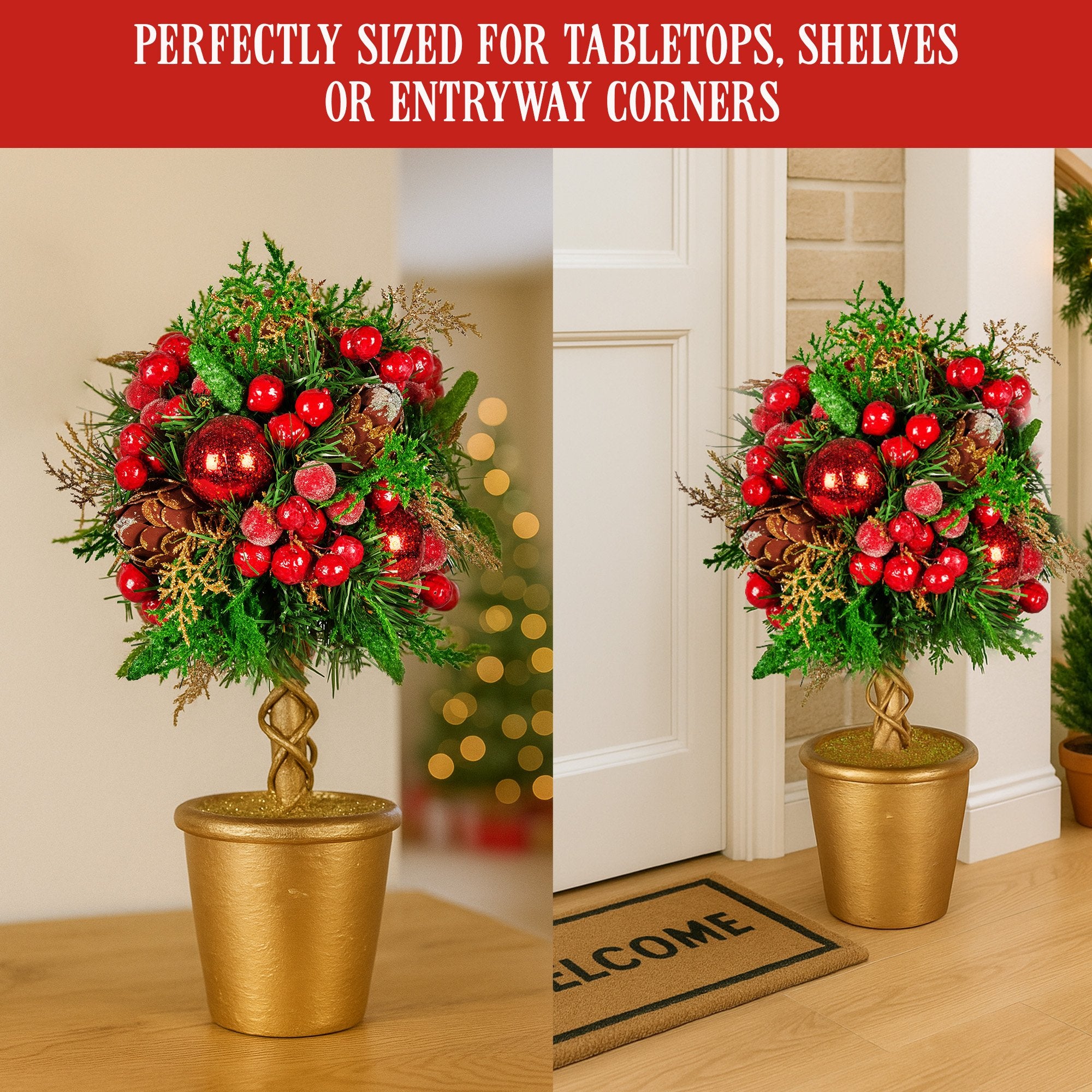36cm Pre-Decorated Christmas Topiary Tree with Baubles, Berries & Pine Cones