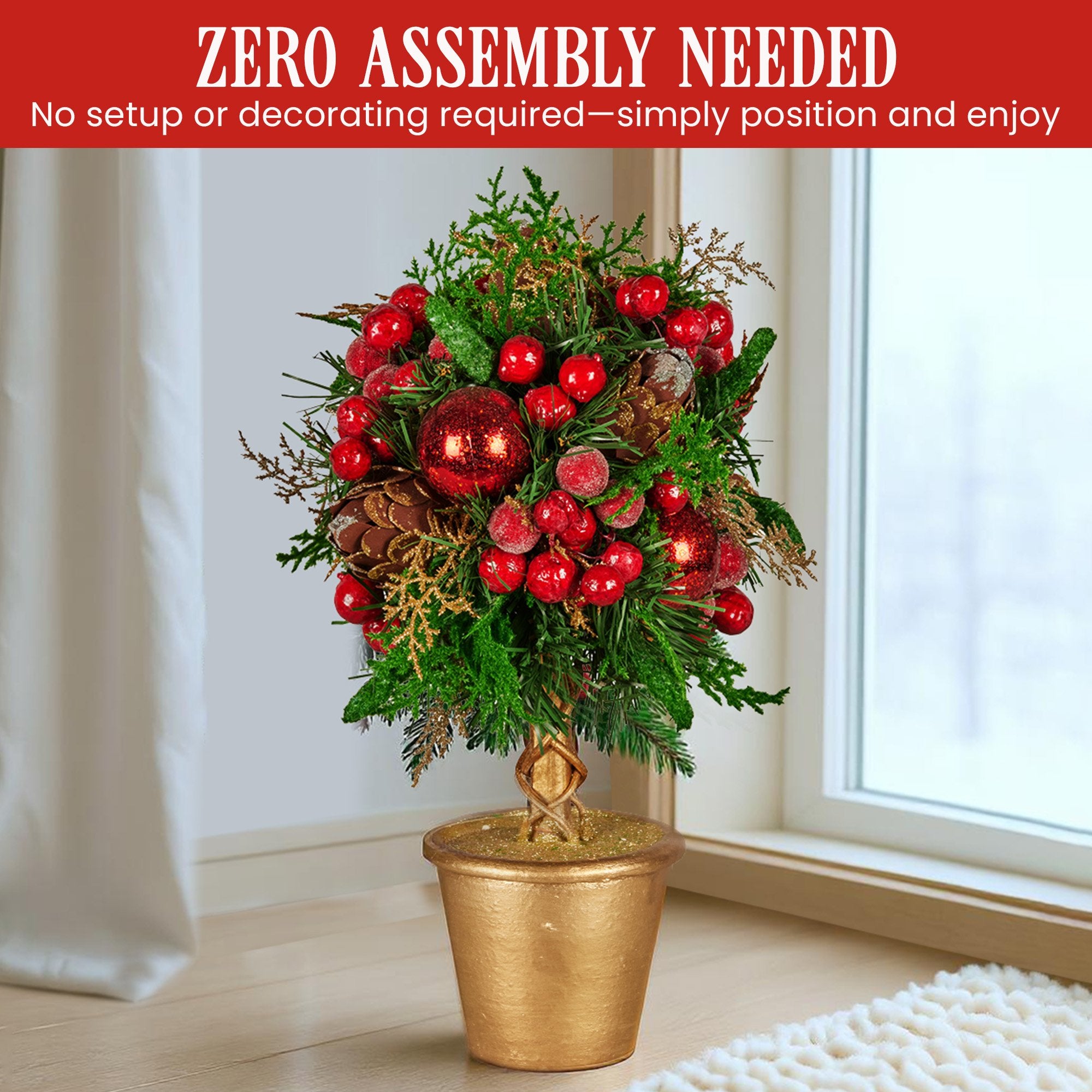 36cm Pre-Decorated Christmas Topiary Tree with Baubles, Berries & Pine Cones