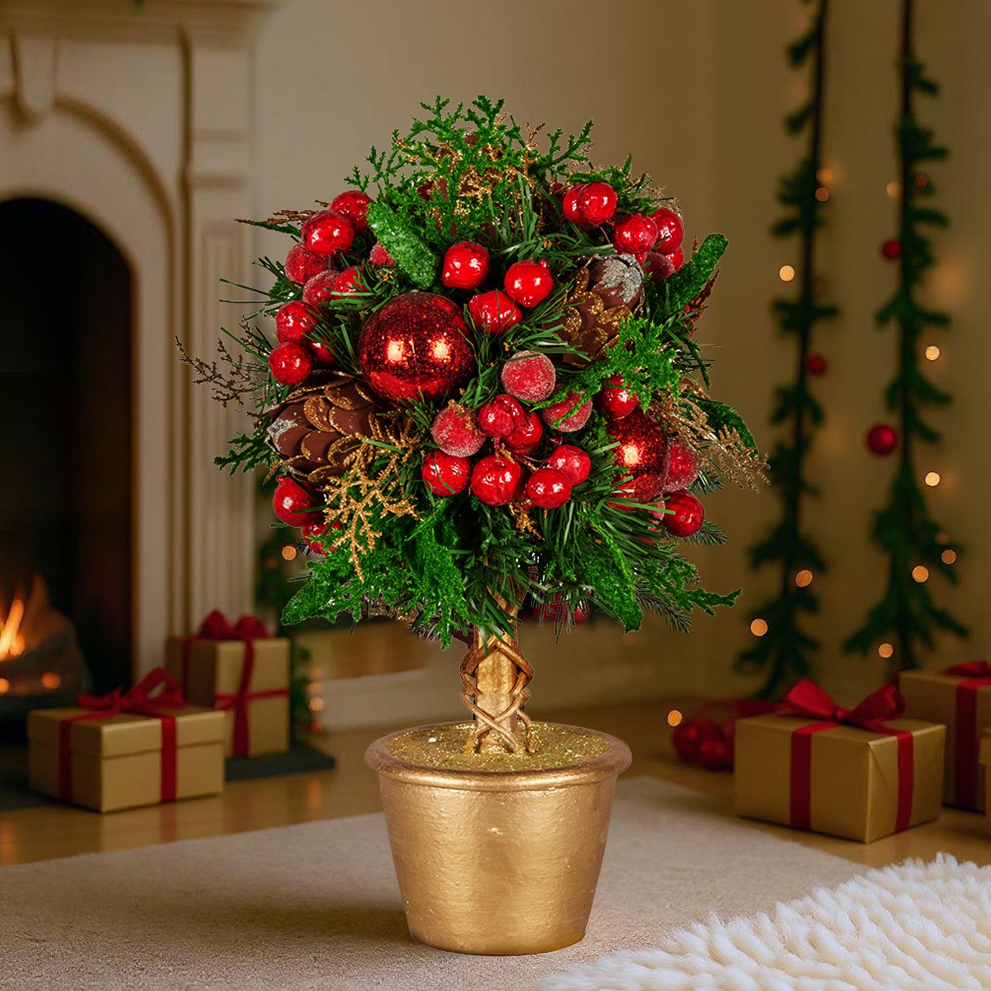 36cm Pre-Decorated Christmas Topiary Tree with Baubles, Berries & Pine Cones