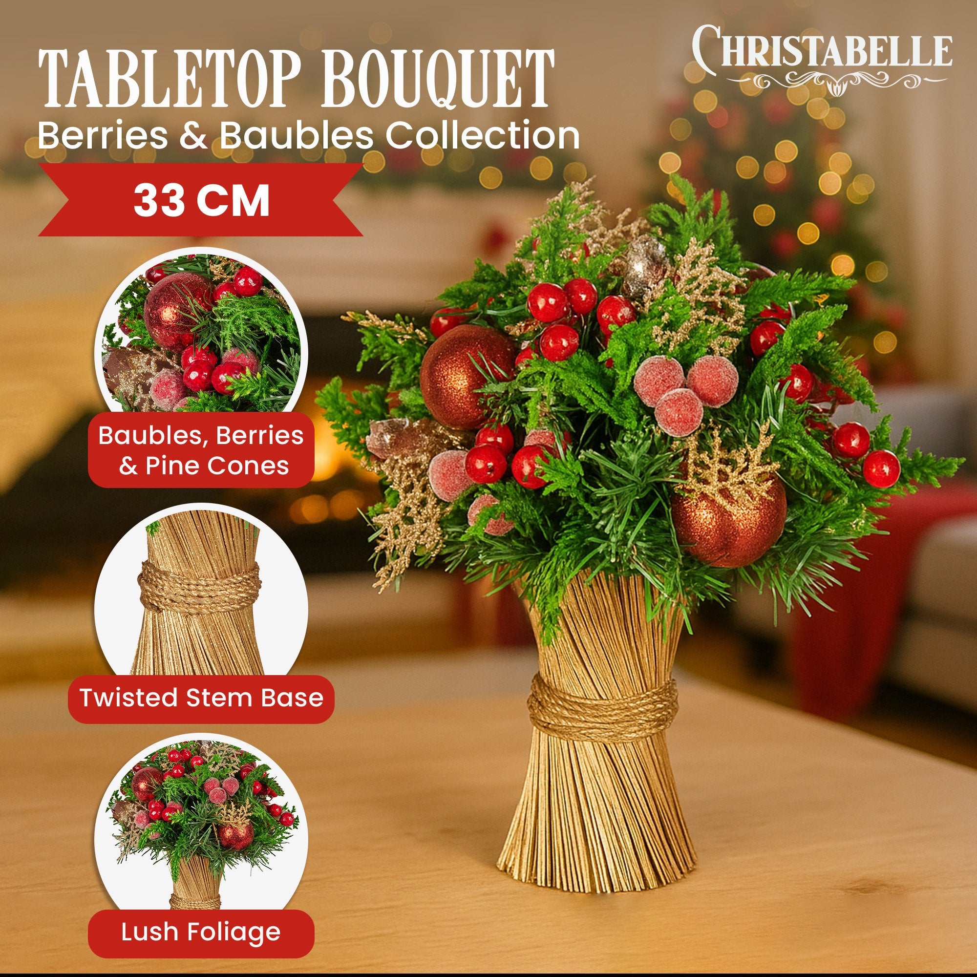 33cm Pre-Decorated Christmas Bouquet with Baubles, Berries & Pine Cones
