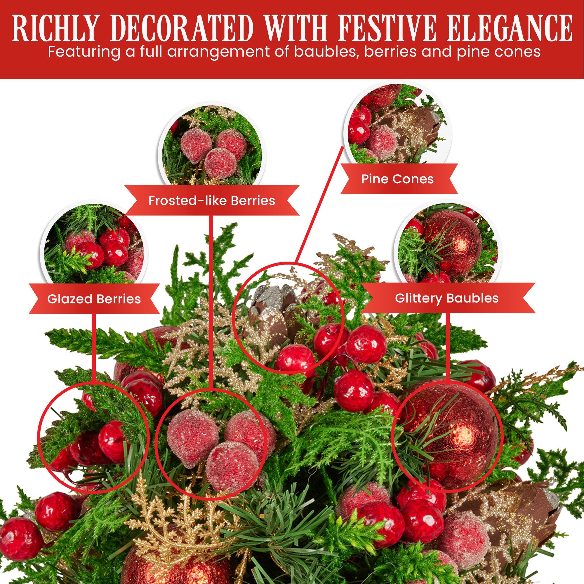 33cm Pre-Decorated Christmas Bouquet with Baubles, Berries & Pine Cones