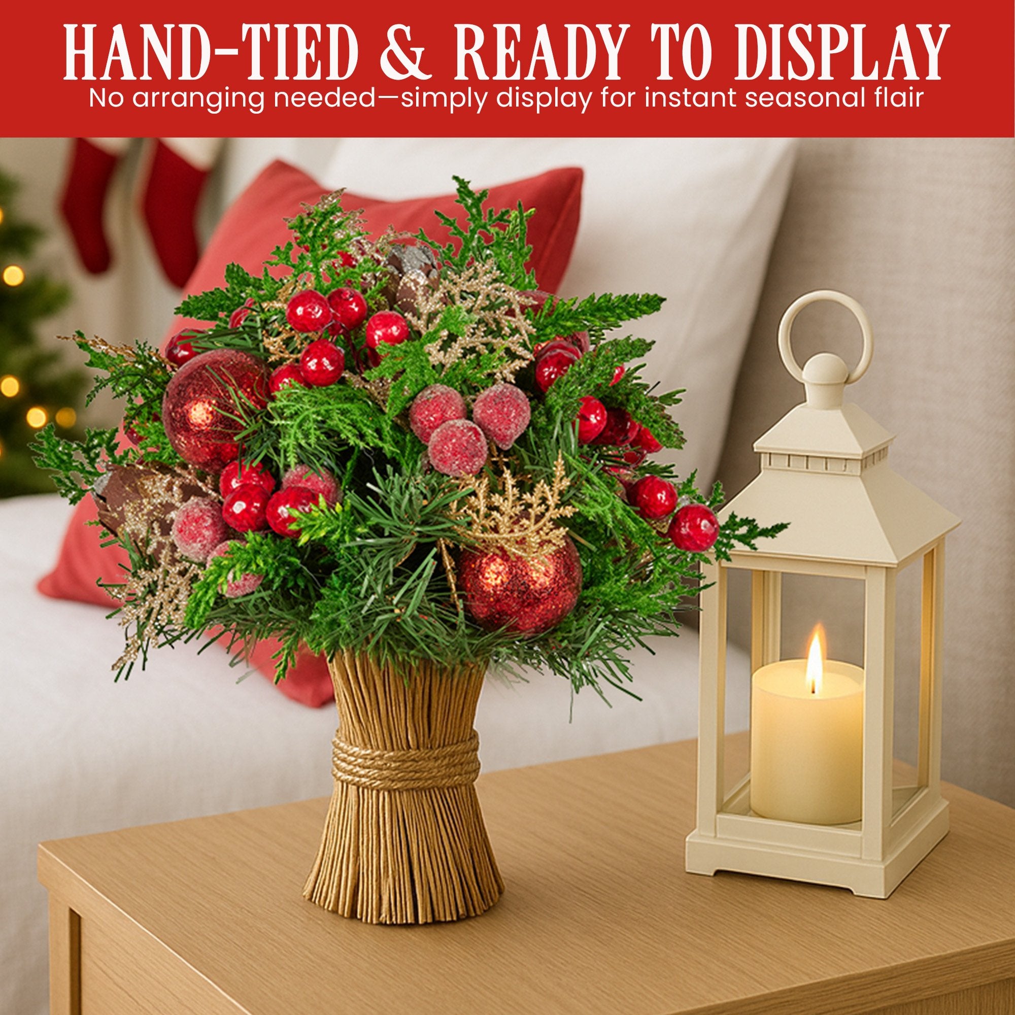 33cm Pre-Decorated Christmas Bouquet with Baubles, Berries & Pine Cones