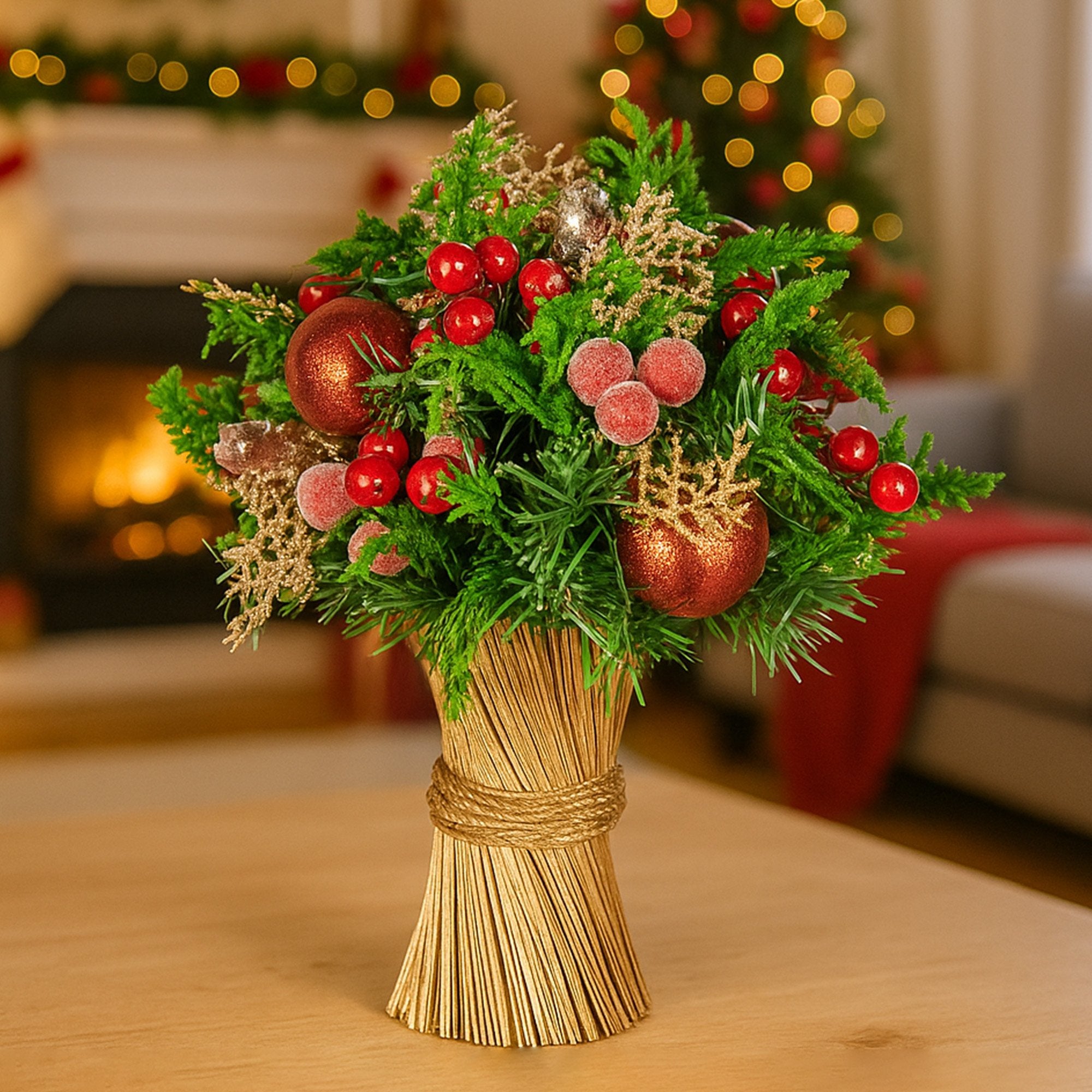 33cm Pre-Decorated Christmas Bouquet with Baubles, Berries & Pine Cones