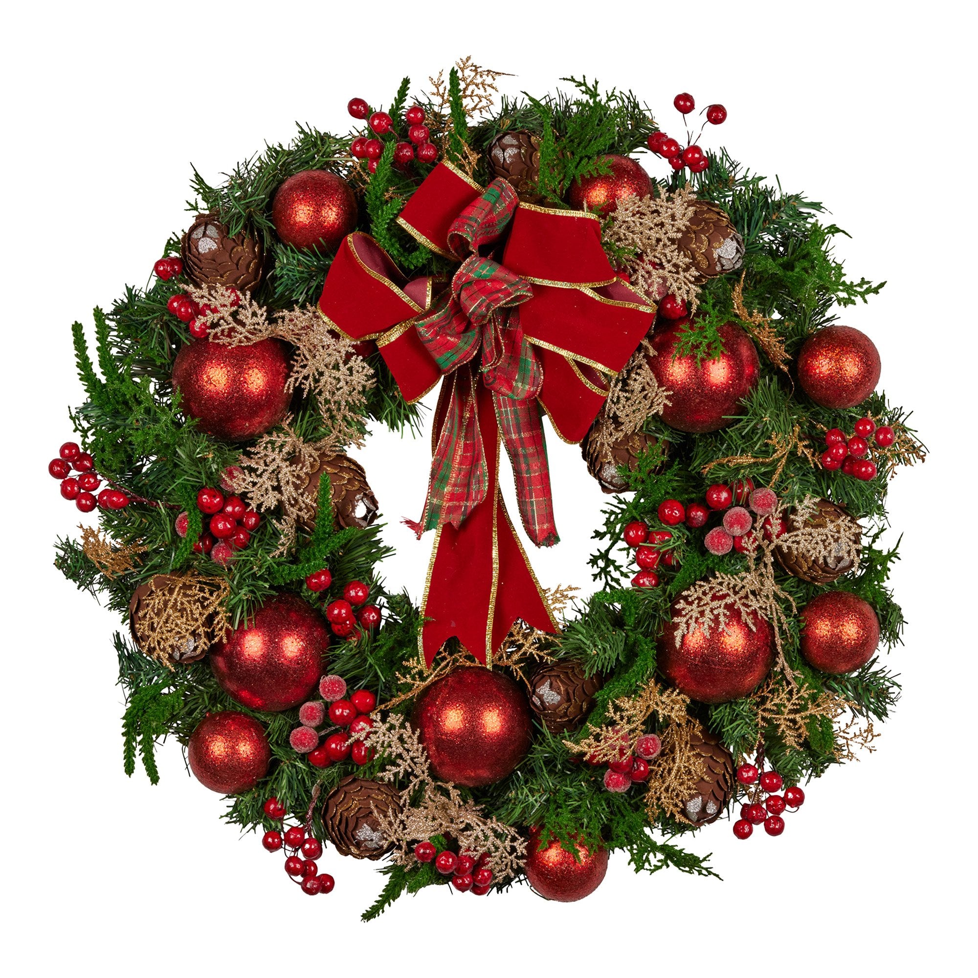 56cm Pre-Decorated Christmas Wreath with Red Berries, Baubles & Pine Cones