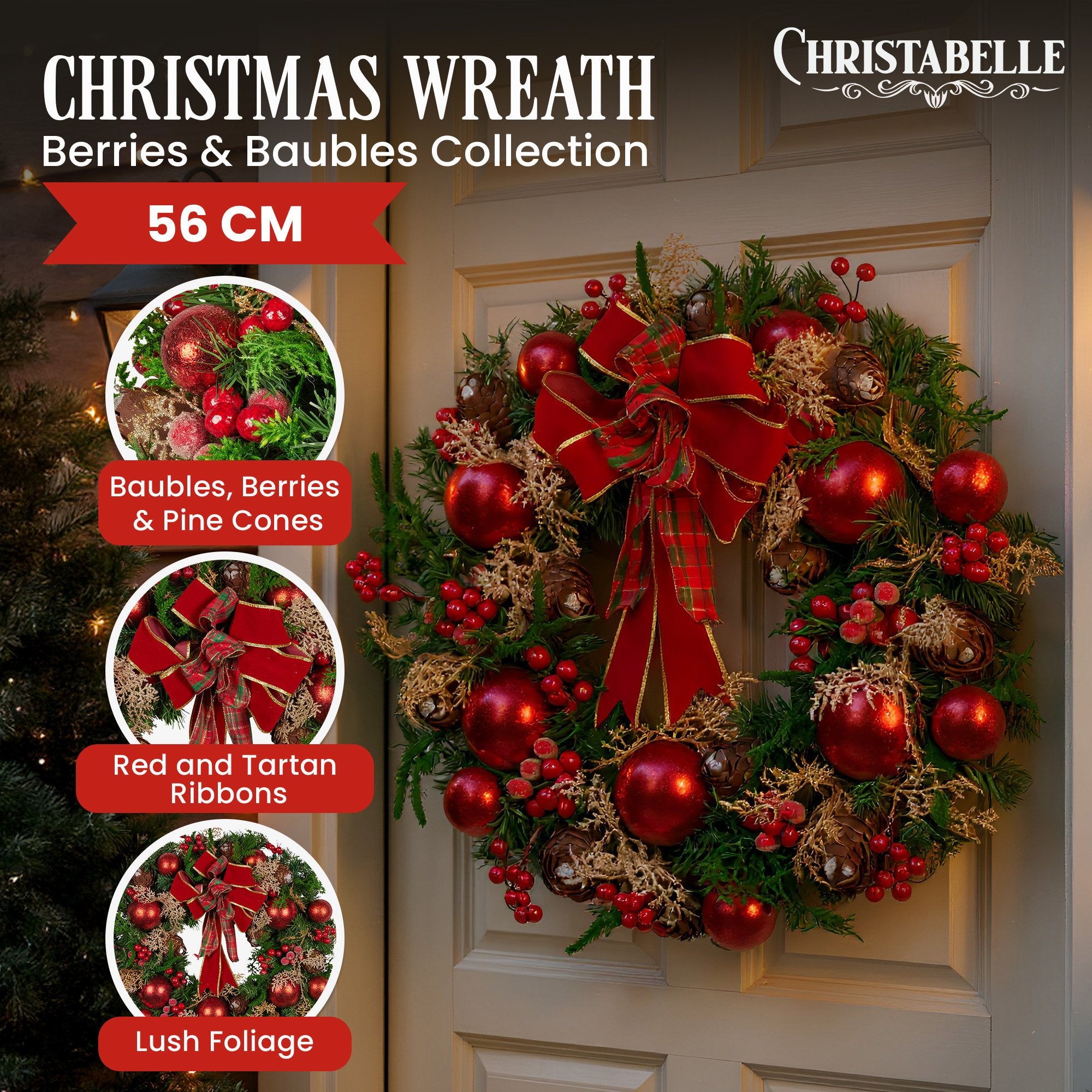 56cm Pre-Decorated Christmas Wreath with Red Berries, Baubles & Pine Cones