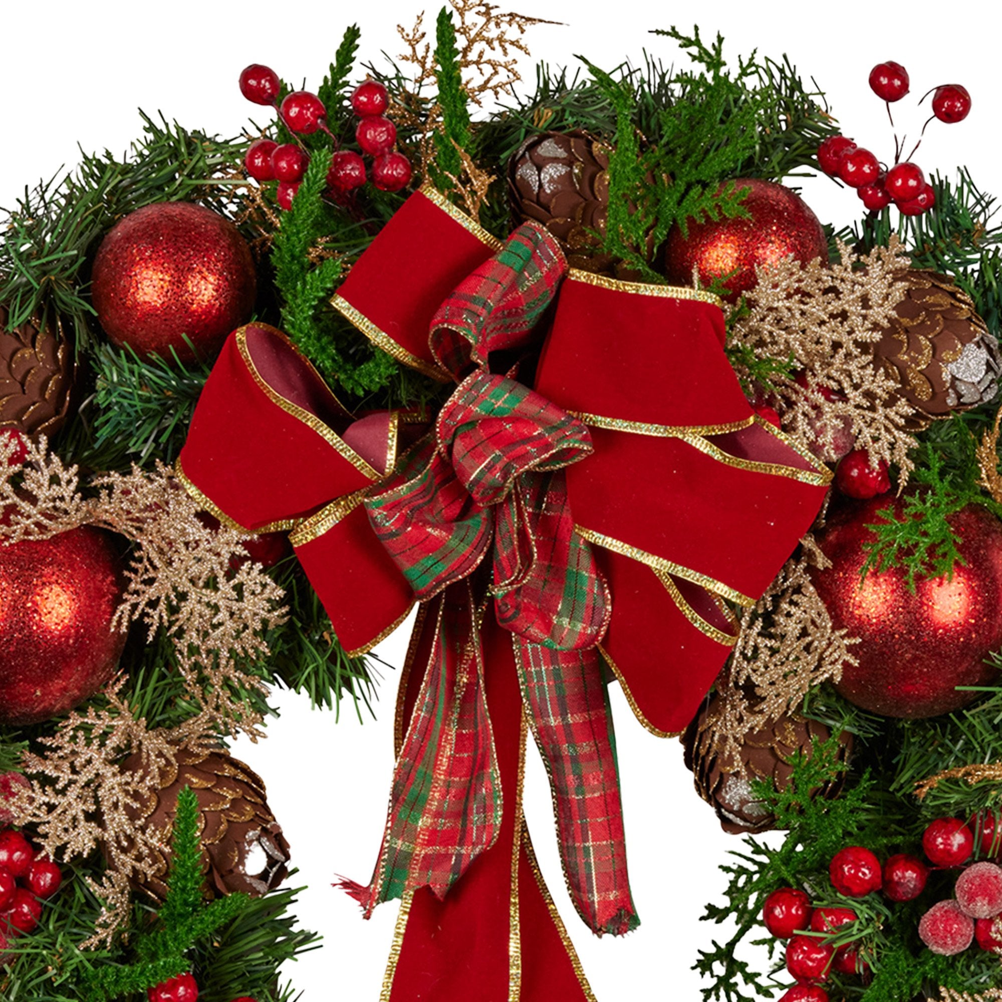 56cm Pre-Decorated Christmas Wreath with Red Berries, Baubles & Pine Cones