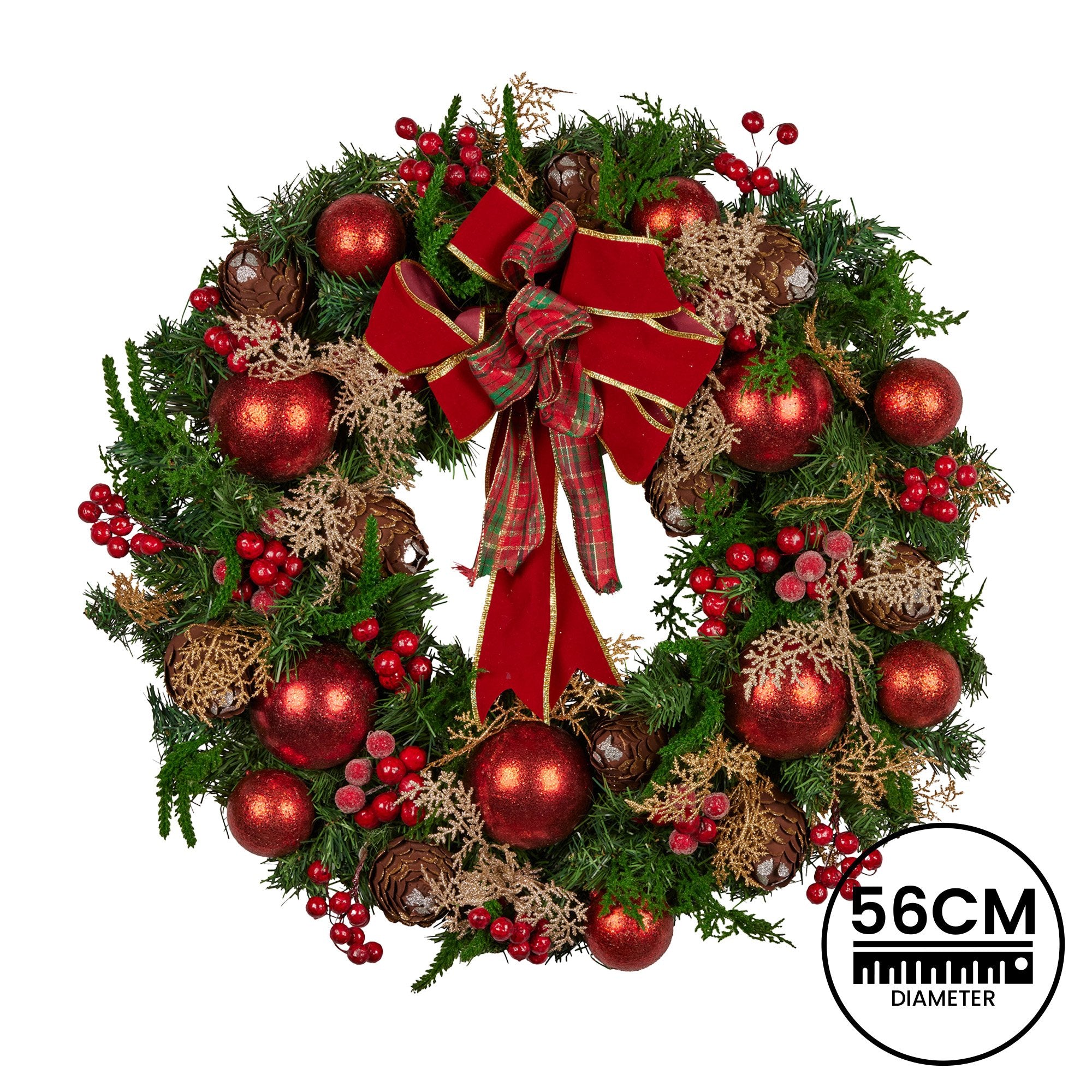 56cm Pre-Decorated Christmas Wreath with Red Berries, Baubles & Pine Cones