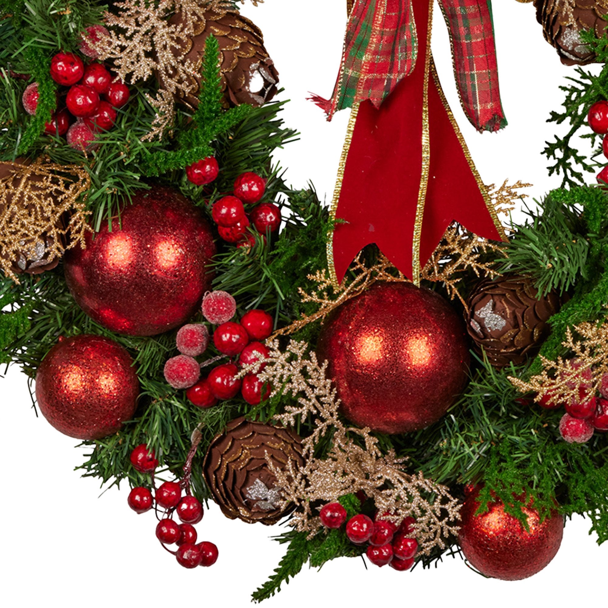 56cm Pre-Decorated Christmas Wreath with Red Berries, Baubles & Pine Cones