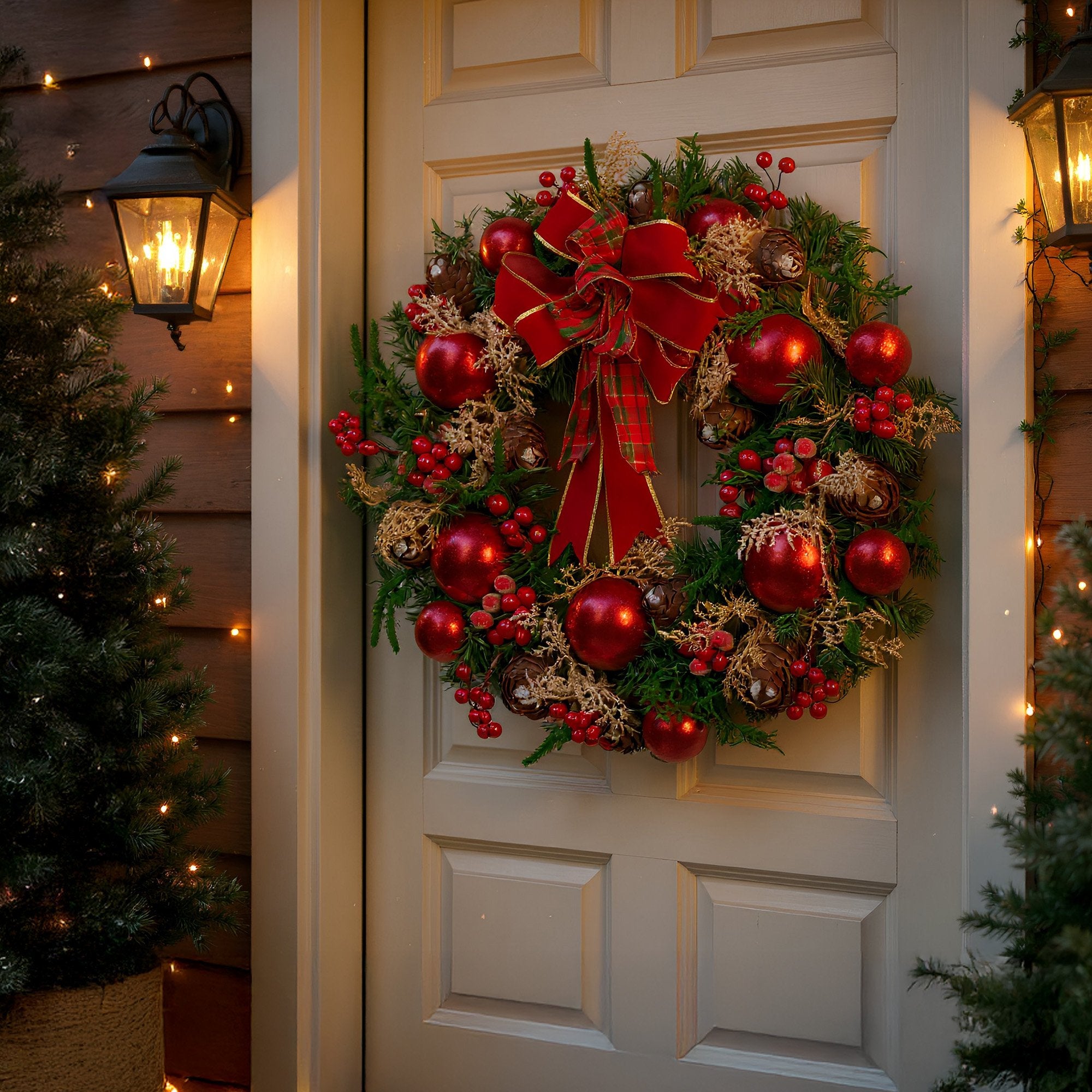56cm Pre-Decorated Christmas Wreath with Red Berries, Baubles & Pine Cones
