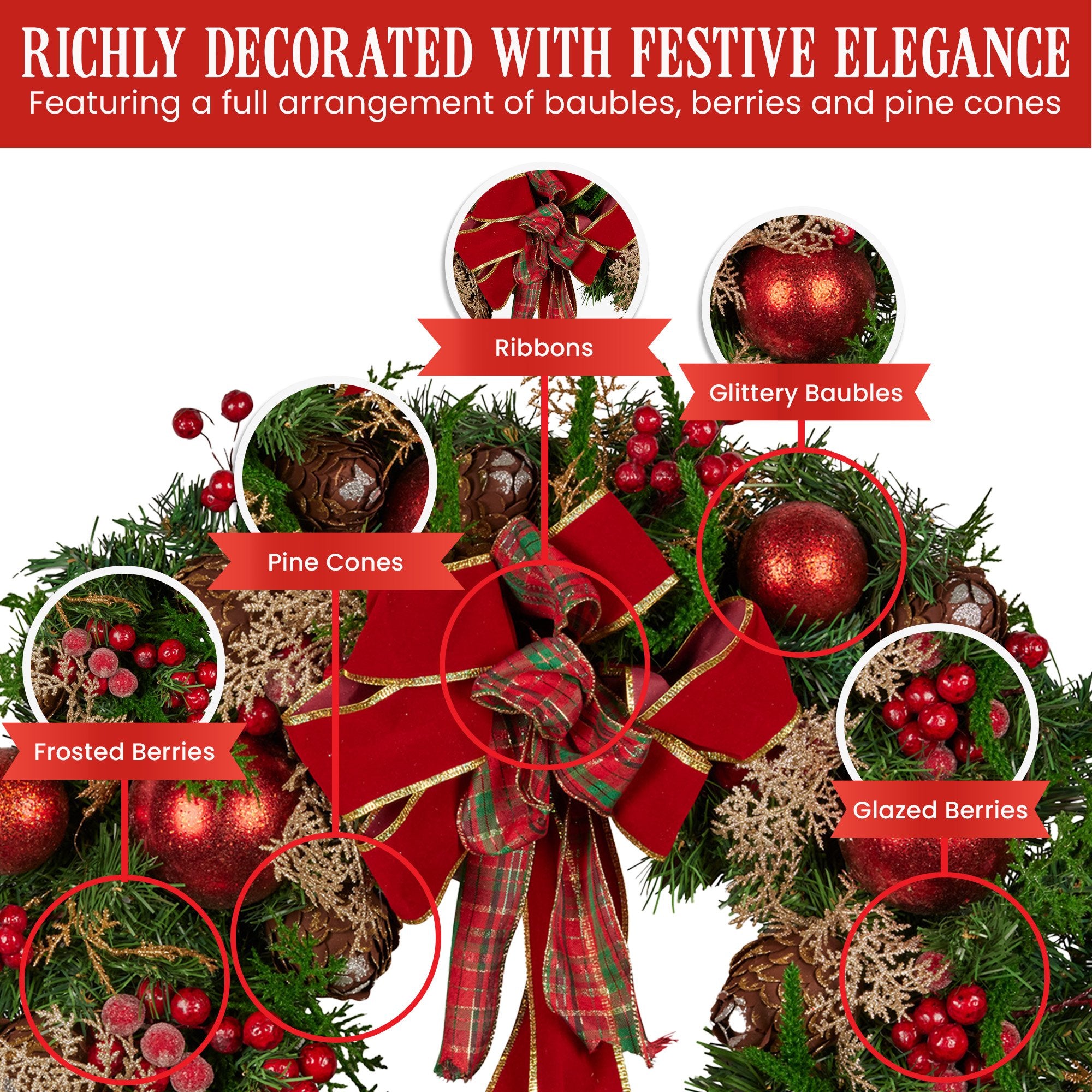 56cm Pre-Decorated Christmas Wreath with Red Berries, Baubles & Pine Cones