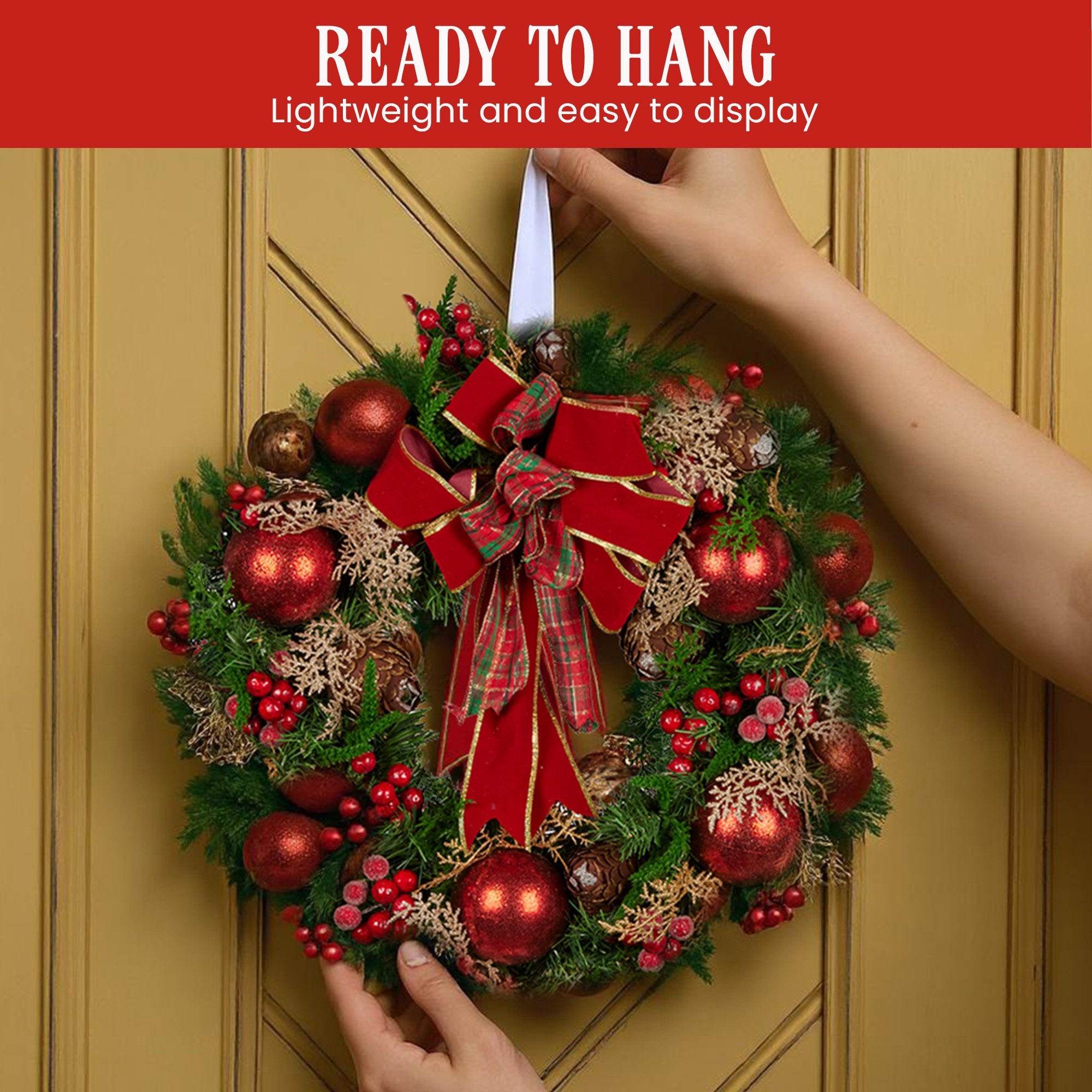 56cm Pre-Decorated Christmas Wreath with Red Berries, Baubles & Pine Cones