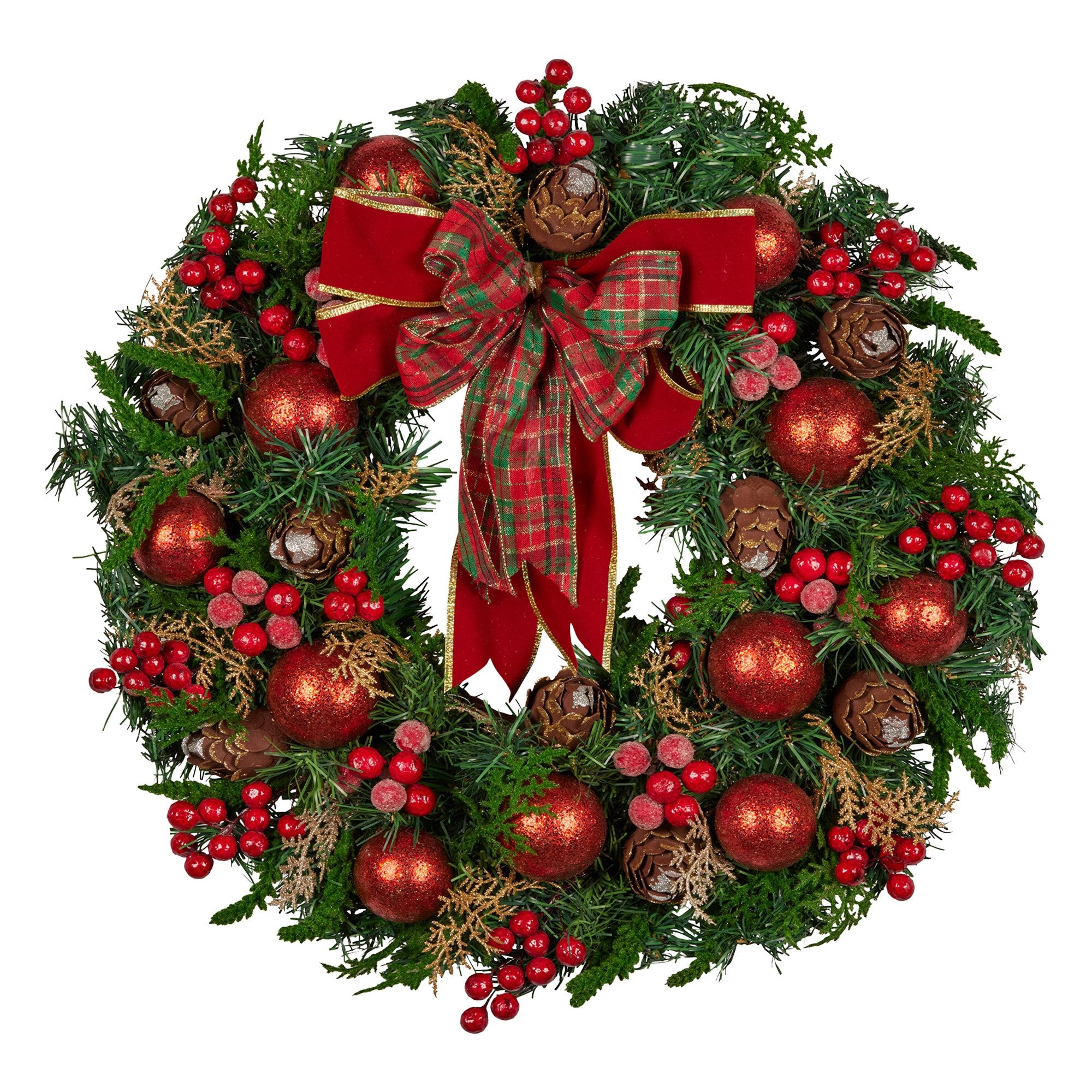 71cm Pre-Decorated Christmas Wreath with Red Berries, Baubles & Pine Cones