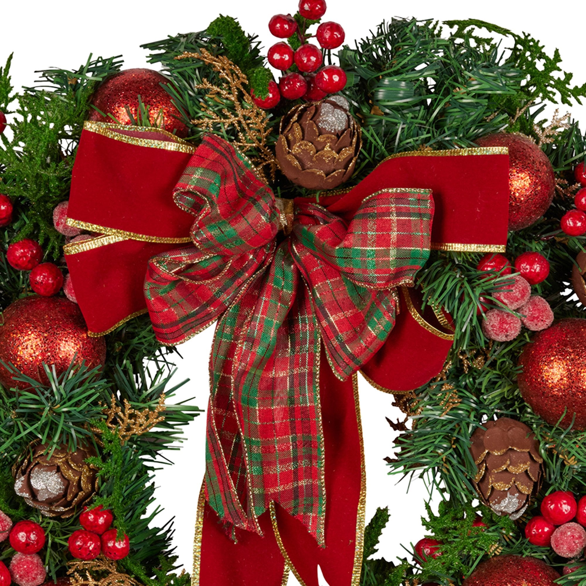 71cm Pre-Decorated Christmas Wreath with Red Berries, Baubles & Pine Cones