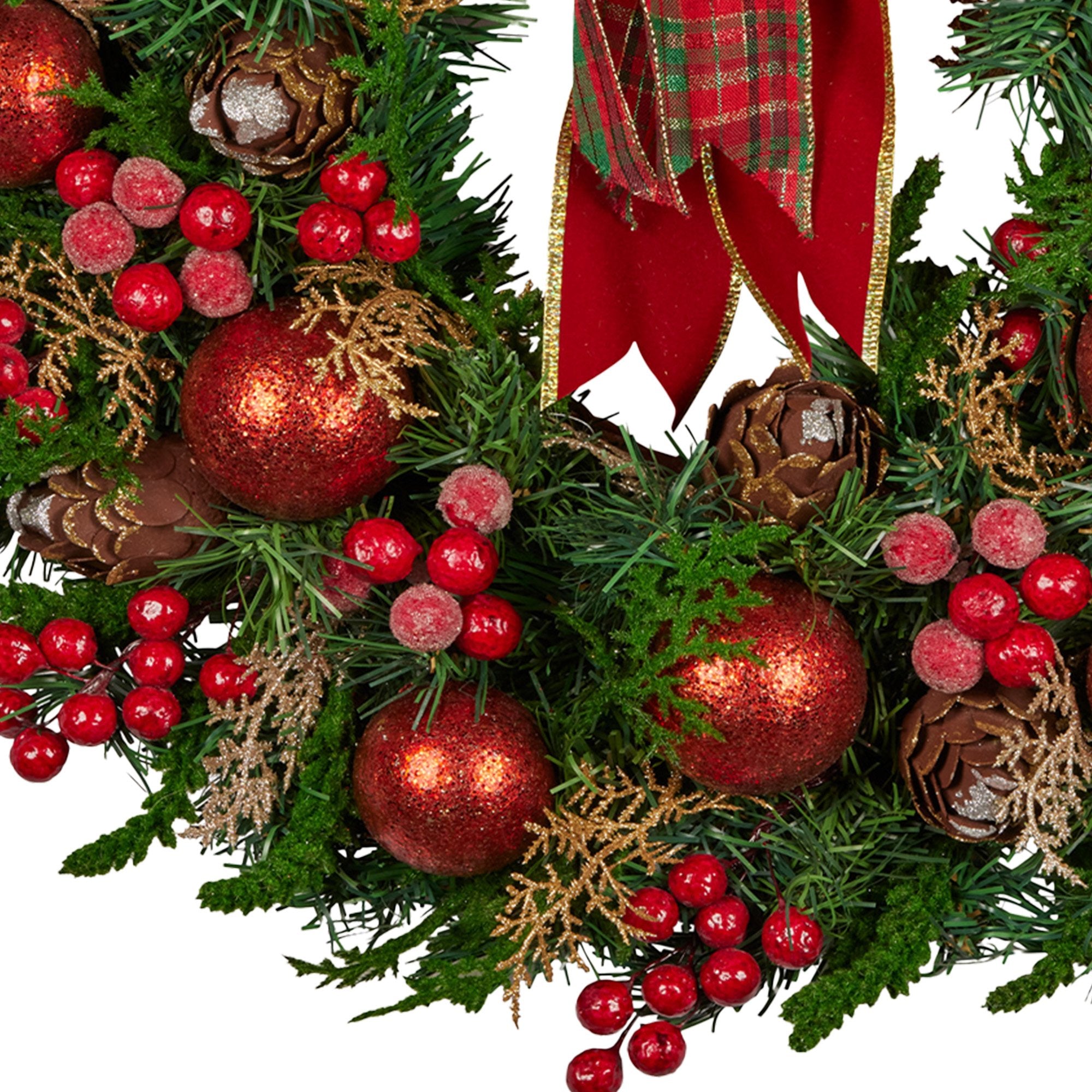 71cm Pre-Decorated Christmas Wreath with Red Berries, Baubles & Pine Cones