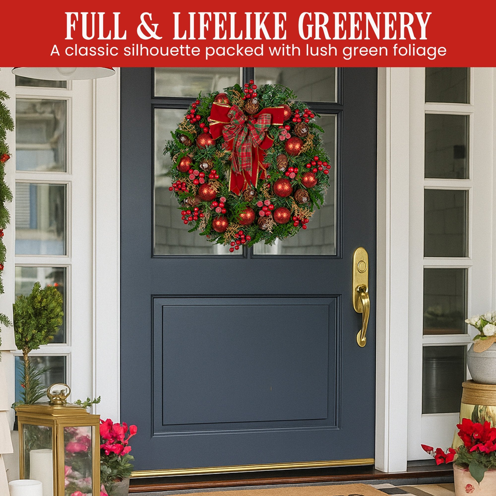 71cm Pre-Decorated Christmas Wreath with Red Berries, Baubles & Pine Cones