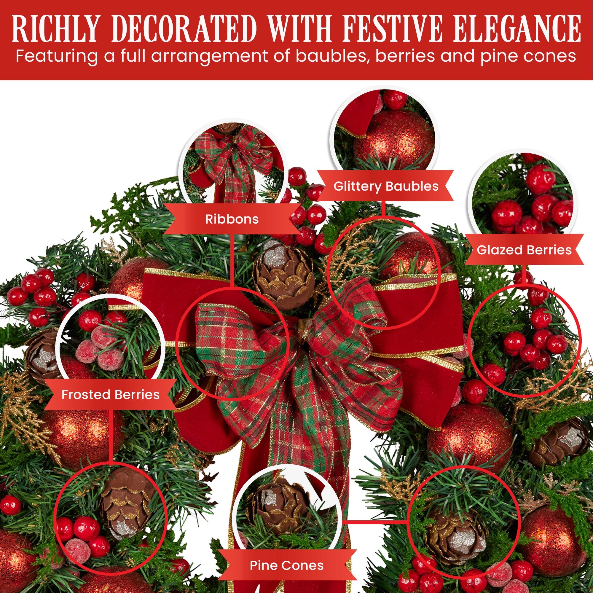 71cm Pre-Decorated Christmas Wreath with Red Berries, Baubles & Pine Cones