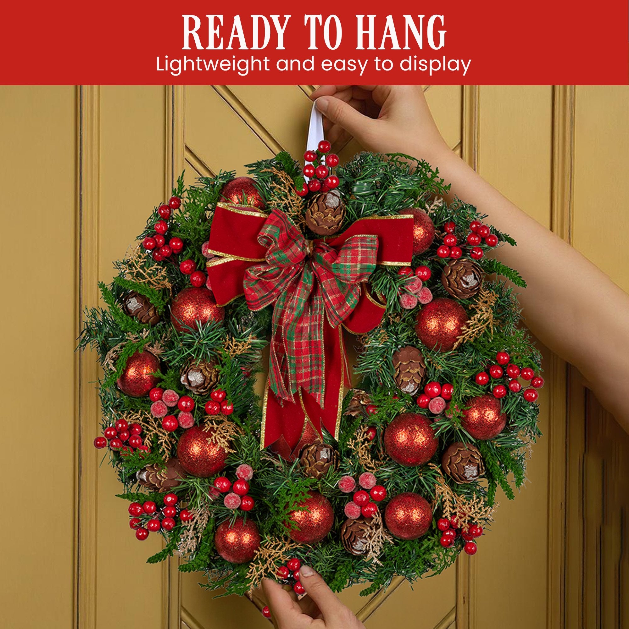 71cm Pre-Decorated Christmas Wreath with Red Berries, Baubles & Pine Cones