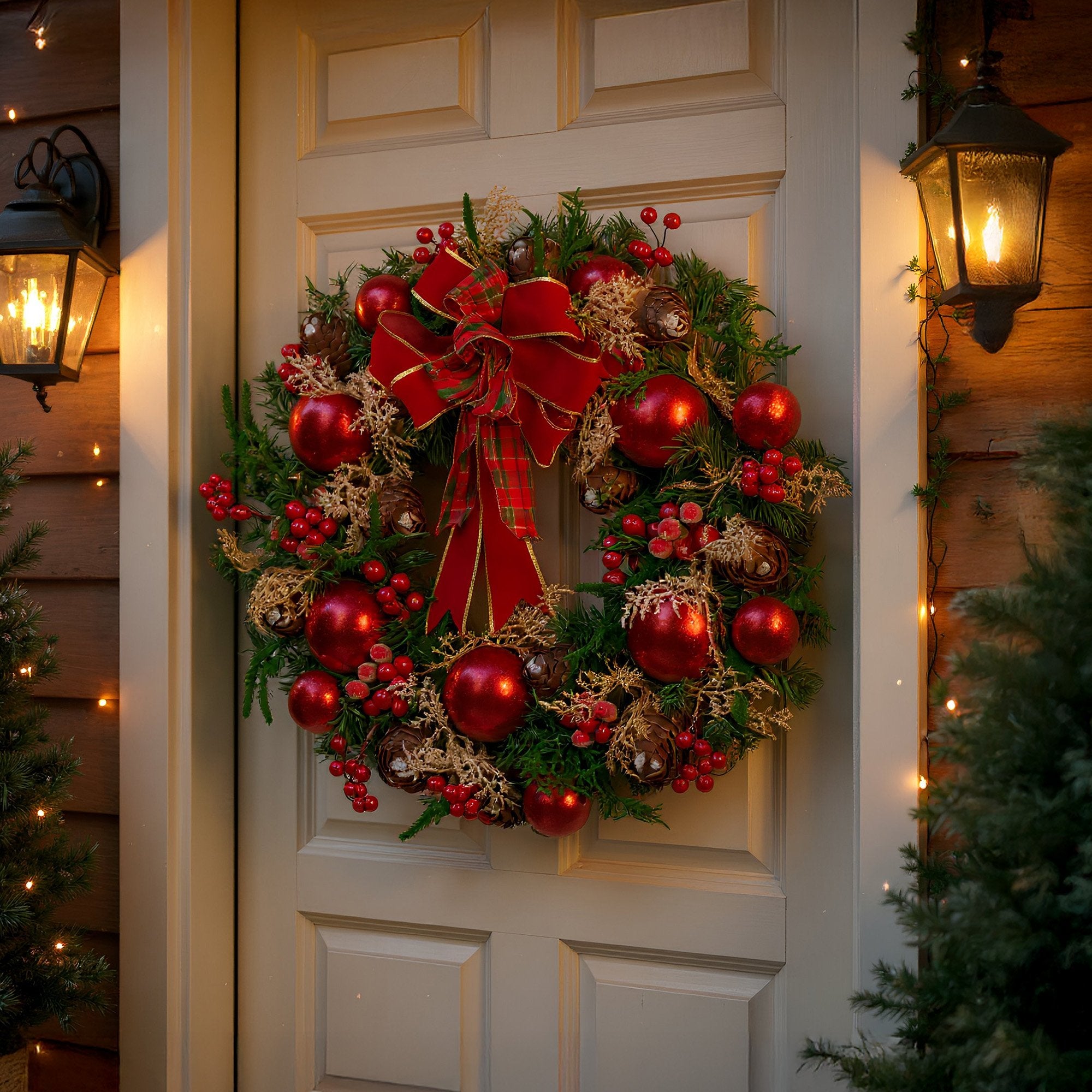 71cm Pre-Decorated Christmas Wreath with Red Berries, Baubles & Pine Cones