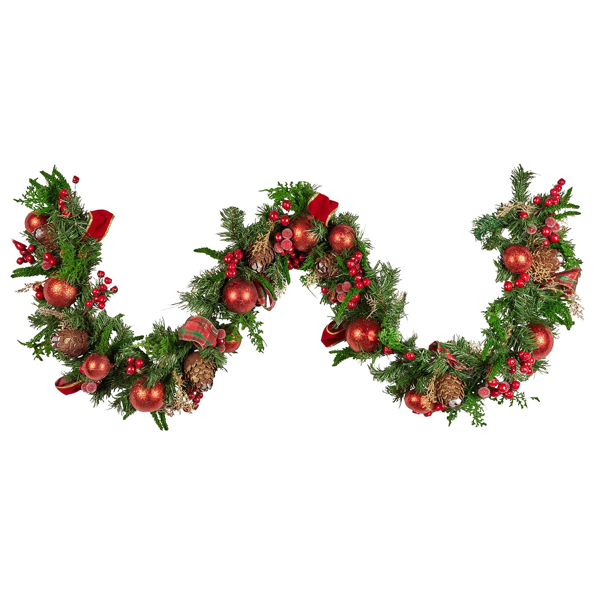 1.85m Pre-Decorated Christmas Garland with Baubles, Berries & Pine Cones