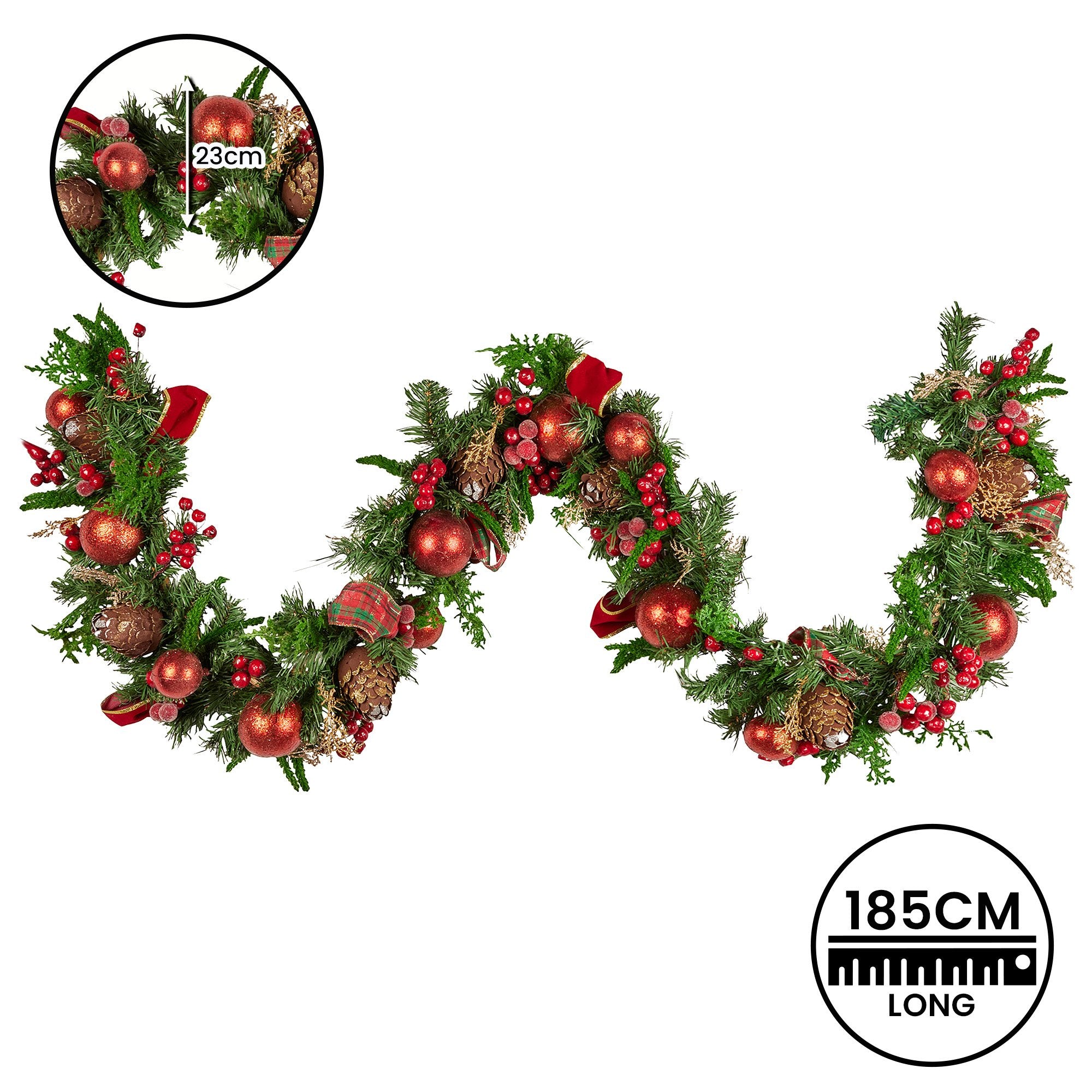 1.85m Pre-Decorated Christmas Garland with Baubles, Berries & Pine Cones