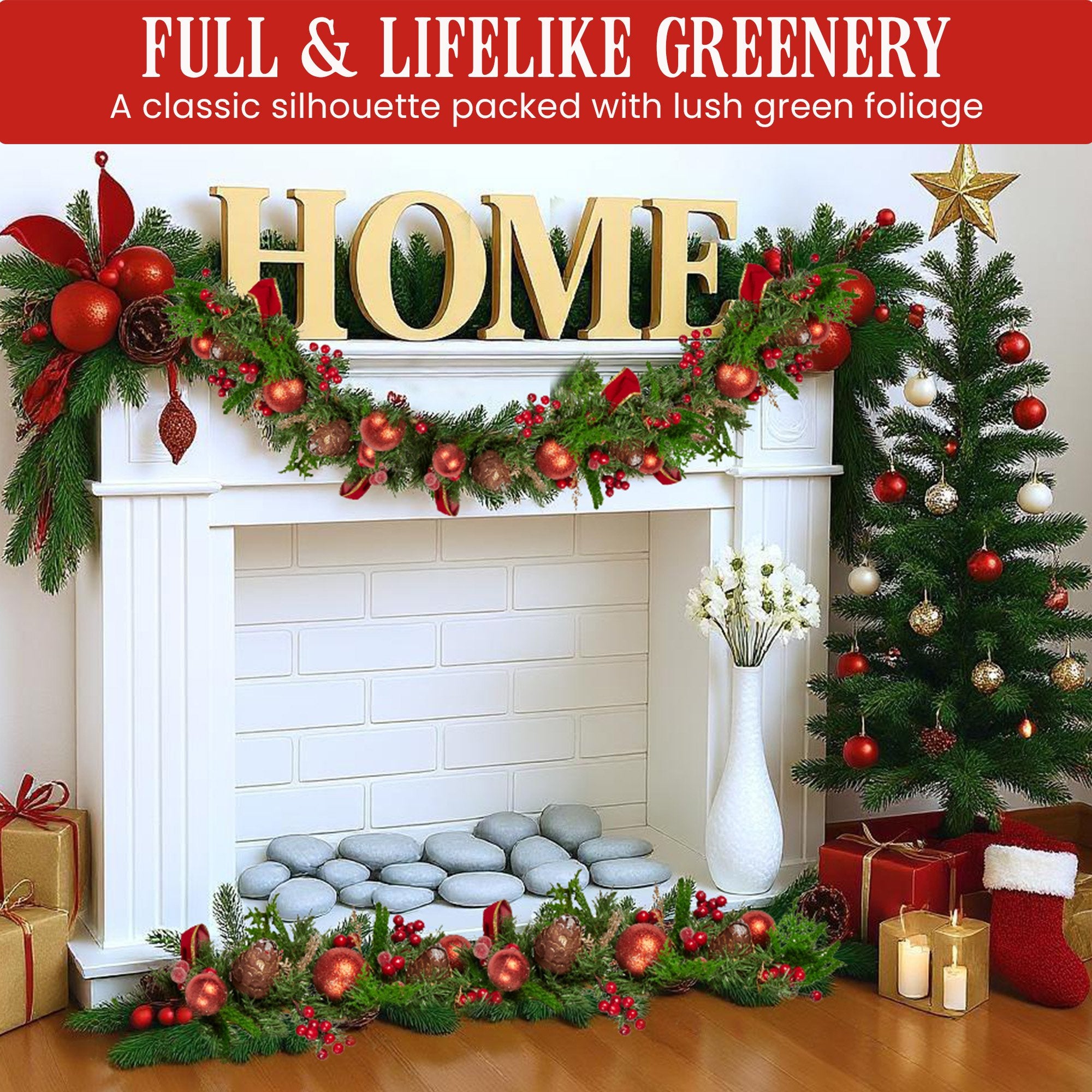 1.85m Pre-Decorated Christmas Garland with Baubles, Berries & Pine Cones