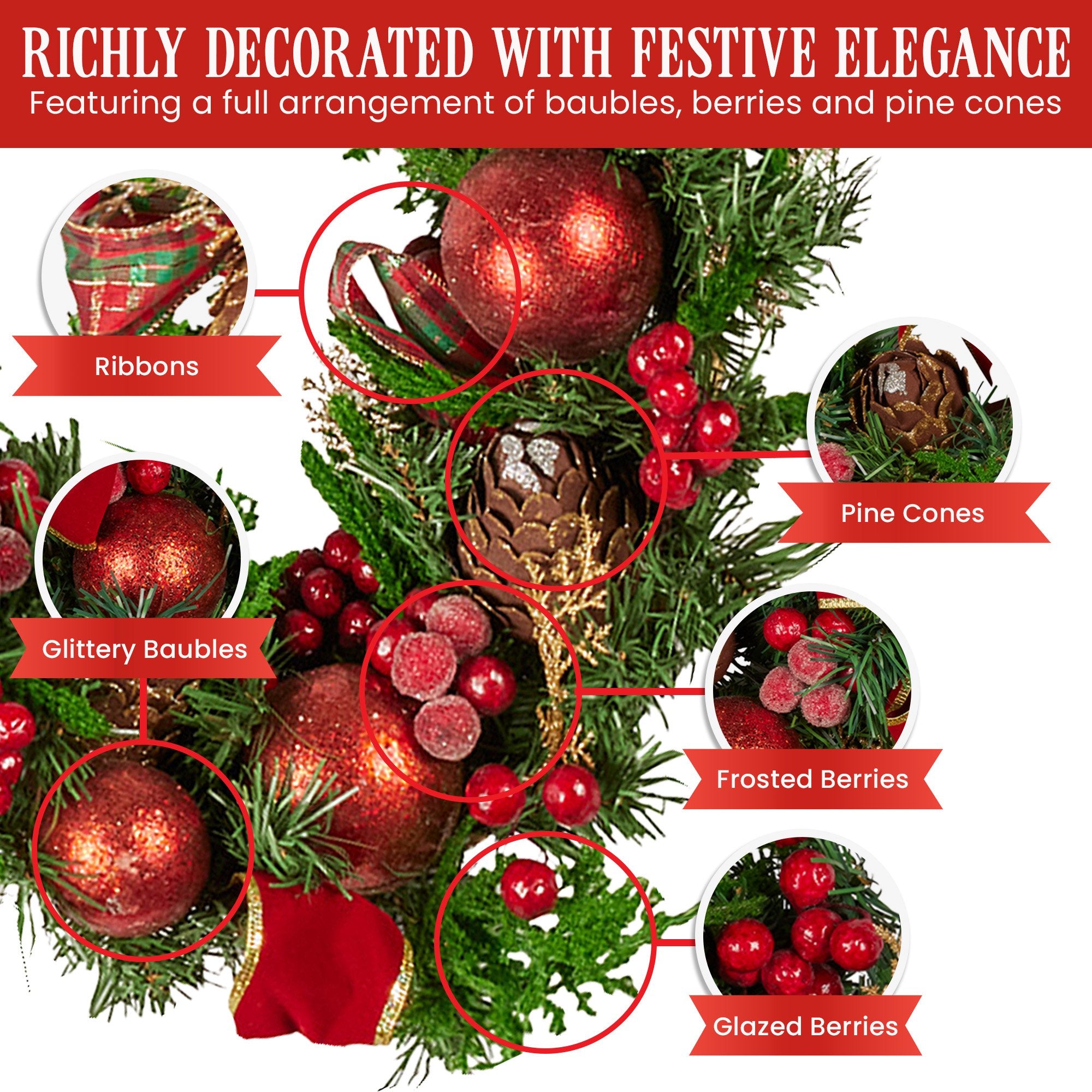 1.85m Pre-Decorated Christmas Garland with Baubles, Berries & Pine Cones