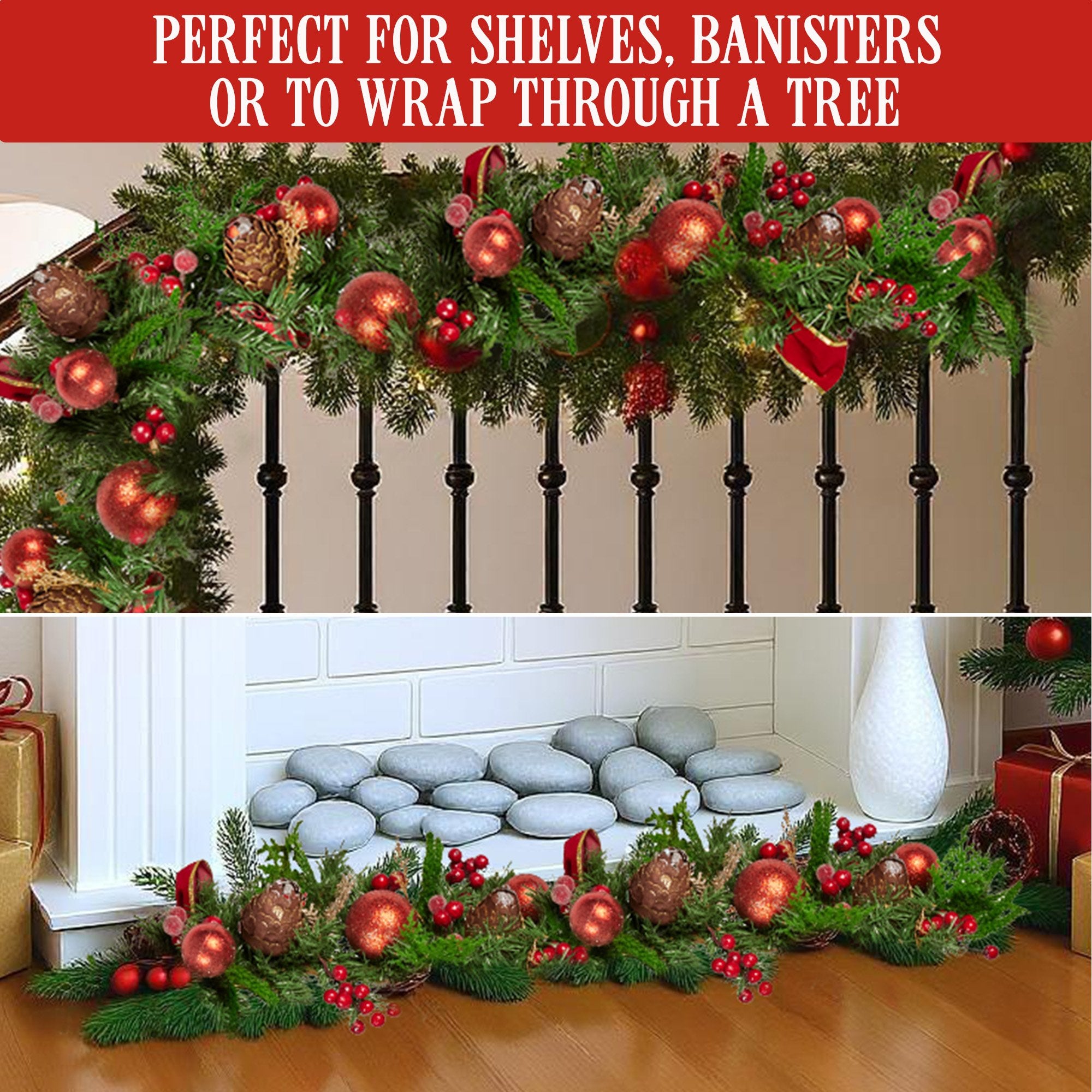 1.85m Pre-Decorated Christmas Garland with Baubles, Berries & Pine Cones
