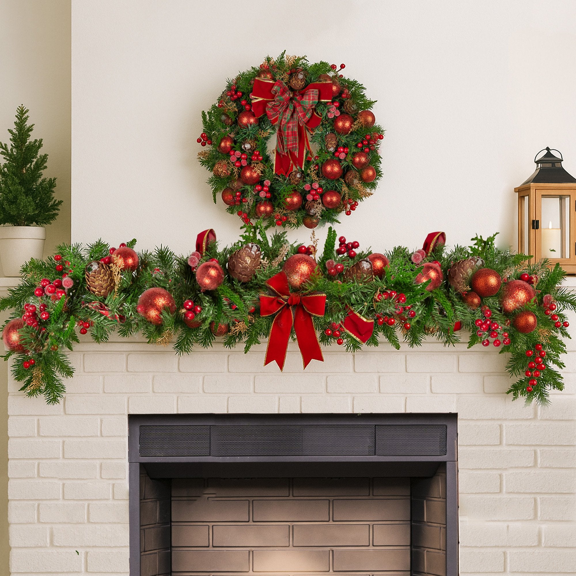 1.85m Pre-Decorated Christmas Garland with Baubles, Berries & Pine Cones