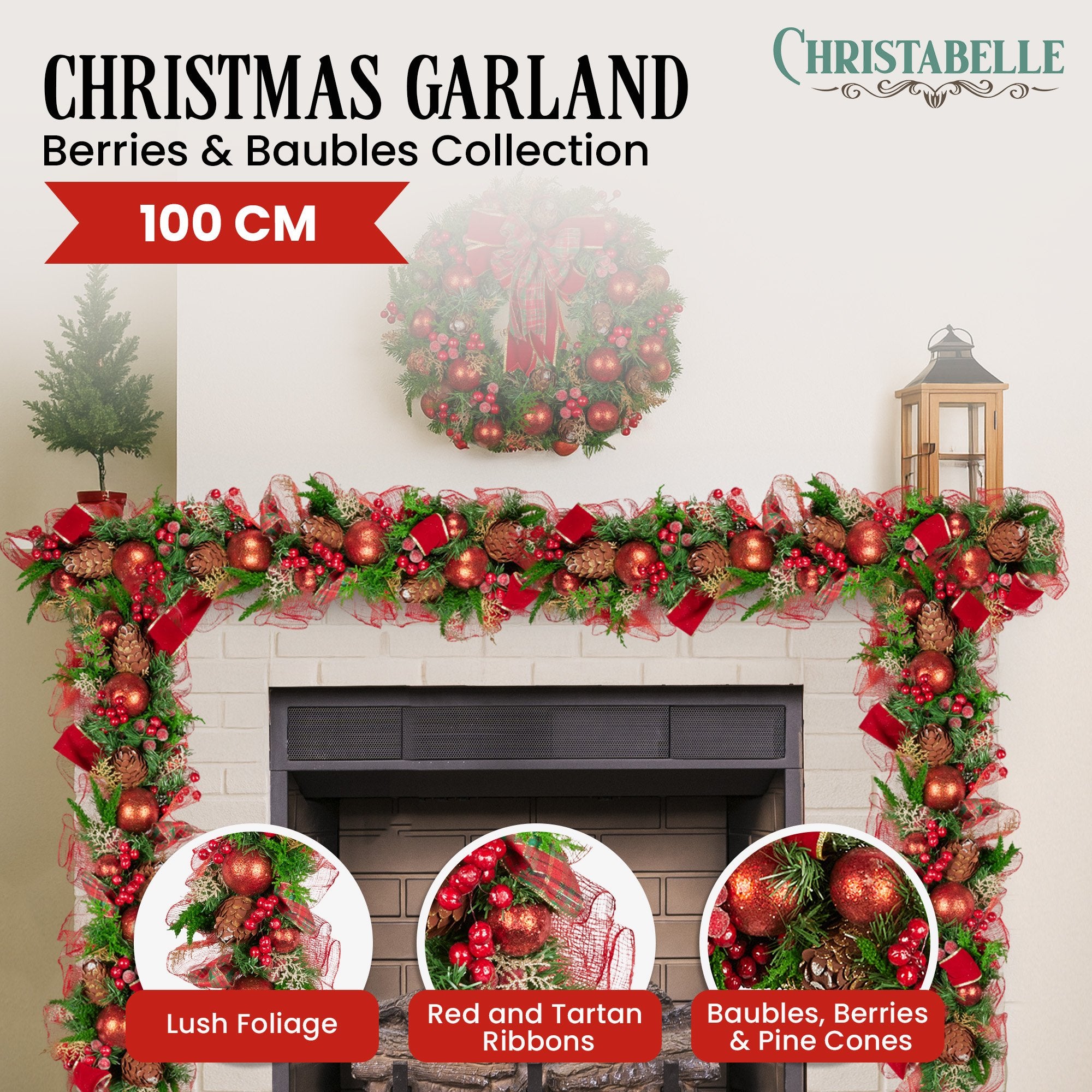 1m Pre-Decorated Christmas Garland with Baubles, Berries & Pine Cones