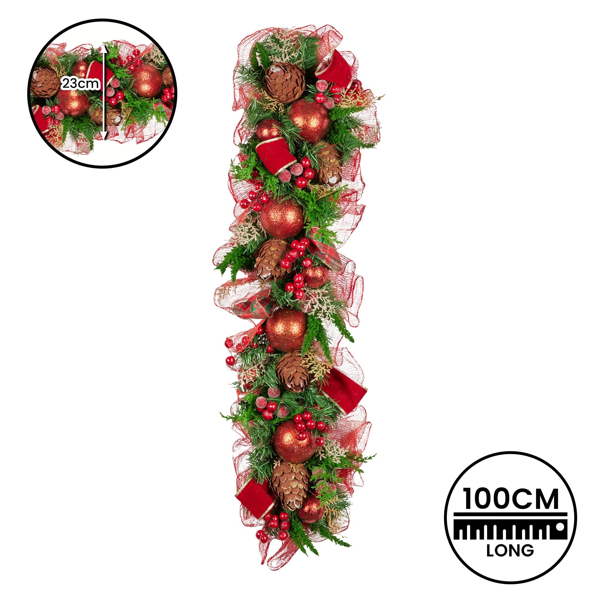 1m Pre-Decorated Christmas Garland with Baubles, Berries & Pine Cones
