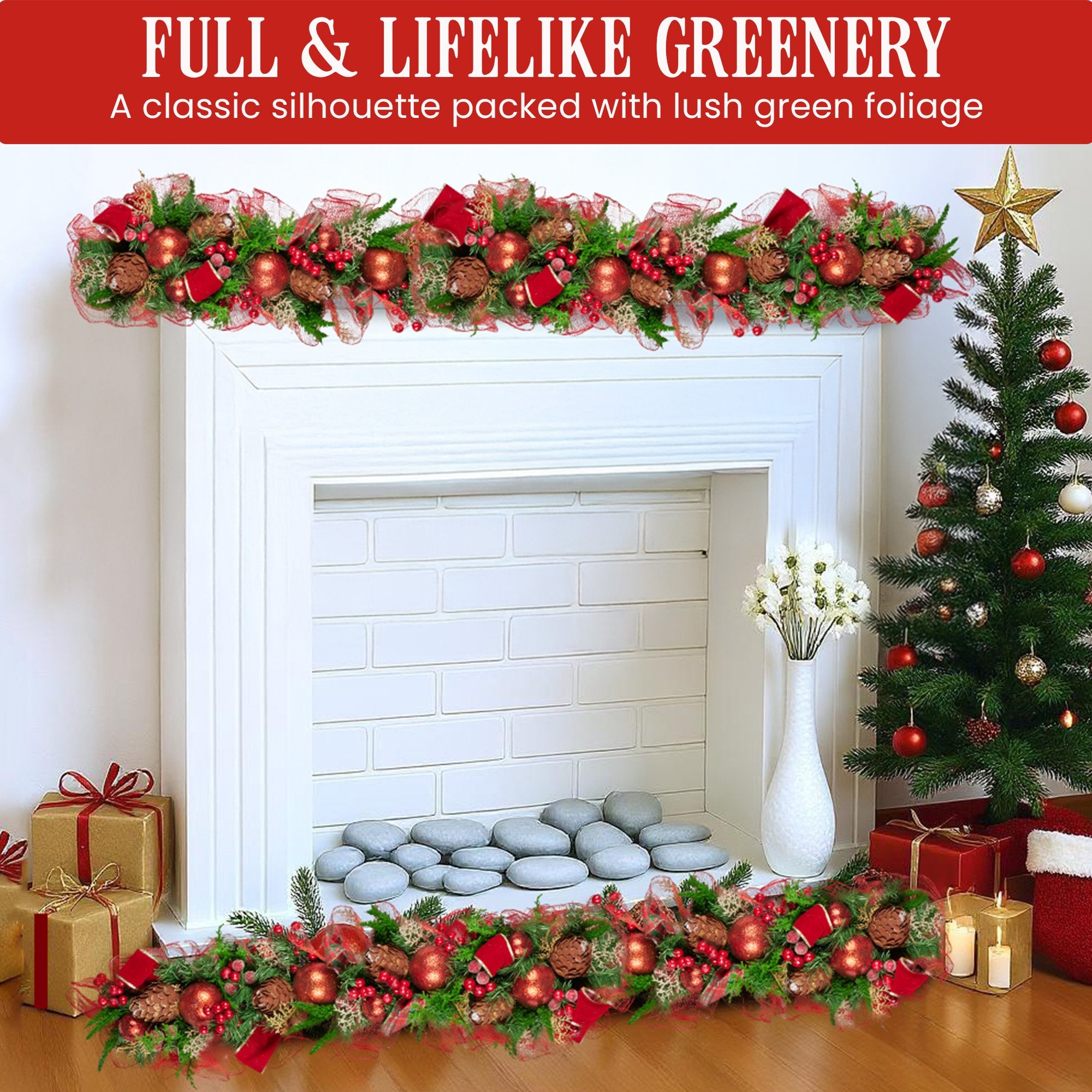 1m Pre-Decorated Christmas Garland with Baubles, Berries & Pine Cones