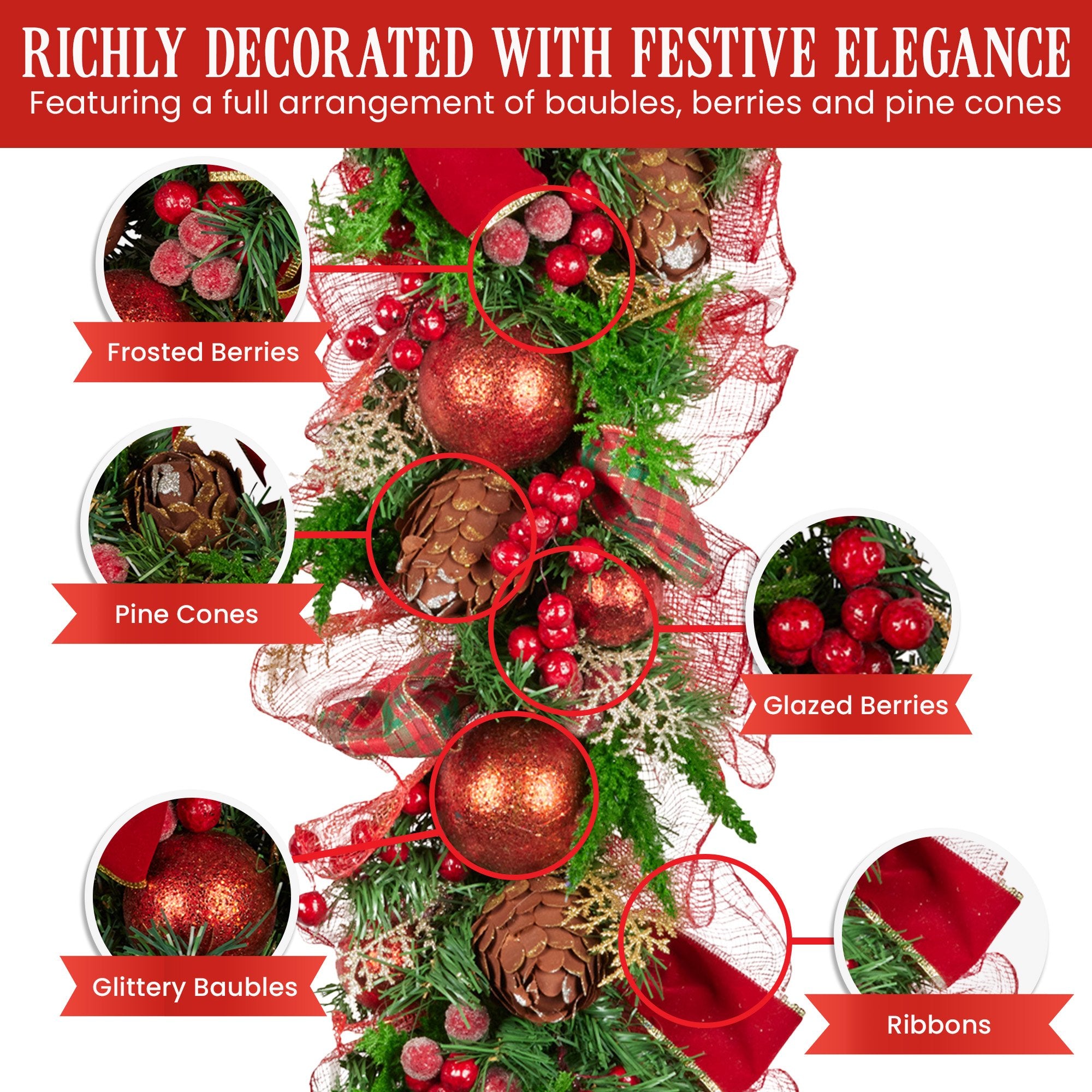 1m Pre-Decorated Christmas Garland with Baubles, Berries & Pine Cones