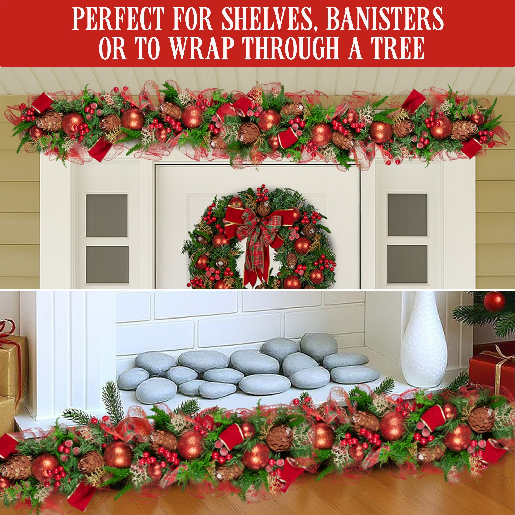 1m Pre-Decorated Christmas Garland with Baubles, Berries & Pine Cones